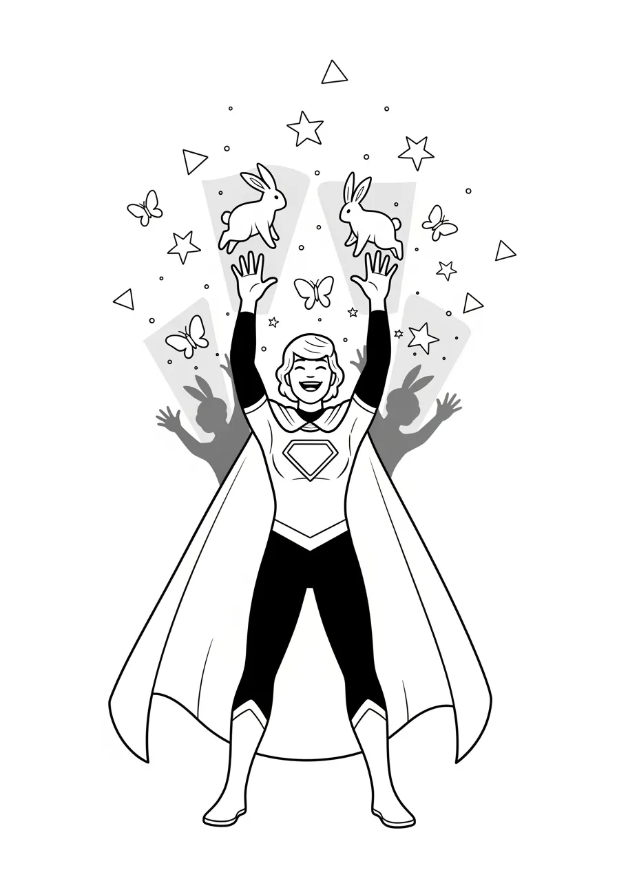 Shadow-Controlling Hero Manipulating Darkness Coloring Page -- prompt: "black lines only Fun coloring book page featuring cheerful superhero with cape flowing, conjuring playful shadow animals and geometric shapes, bold black outlines, simple clean lines, child-friendly design, empty white spaces ready for crayons and markers flat black lines, premium coloring page, coloring sheet, line drawing, Coloring Book, NO COLOR, NO SHADING, WHITE BACKGROUND. NO GRAY, BLACK AND WHITE, NO COLOR" -- A mysterious superhero harnesses the power of shadows, creating dark tendrils and shapes that bend to their will. The contrast between light and shadow creates dramatic visual effects throughout the scene. This unique page allows artists to experiment with negative space and explore how darkness can be just as powerful as light in superhero art.
