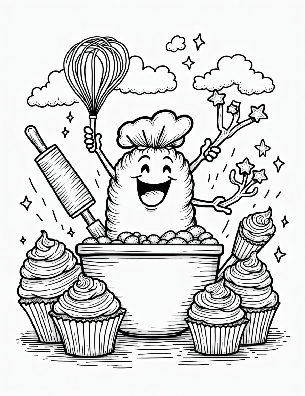 Baking Day Bonanza Coloring Page -- prompt: "black lines only Playful kitchen scene bursting with oversized baking tools. Cheerful anthropomorphic ingredients dance around. Whisk twirls with flour clouds, rolling pin juggles cookie cutters. Cupcakes with swirly frosting smile. Bold outlines perfect for coloring fun. Mixing bowl overflows with joy. flat black lines, premium coloring page, coloring sheet, line drawing, Coloring Book, NO COLOR, NO SHADING, WHITE BACKGROUND. NO GRAY, BLACK AND WHITE, NO COLOR" -- Celebrate the joy of baking with our Baking Day Bonanza coloring page! This busy kitchen scene features a variety of baking tools, ingredients, and freshly baked goods. From mixing bowls to cooling racks, this page offers a delightful glimpse into the world of home baking.