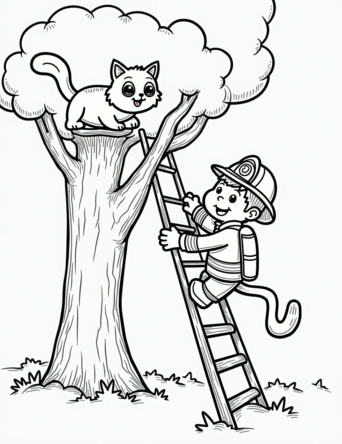 Firefighter Hero Coloring Page -- prompt: "black lines only Cheerful firefighter on ladder, reaching for wide-eyed cat on tree branch. Fire truck with bold outlines, squiggly hose. Chunky tree trunk, fluffy clouds. Simple shapes, thick lines. Oversized helmet, exaggerated facial expressions. Empty spaces for coloring. Playful scene for children's activity book. flat black lines, premium coloring page, coloring sheet, line drawing, Coloring Book, NO COLOR, NO SHADING, WHITE BACKGROUND. NO GRAY, BLACK AND WHITE, NO COLOR" -- Celebrate everyday heroes with this brave firefighter coloring page. The page shows a courageous firefighter rescuing a cat from a tree, complete with a fire truck and admiring onlookers. It's an excellent choice for boys who aspire to be community heroes and love emergency vehicles.