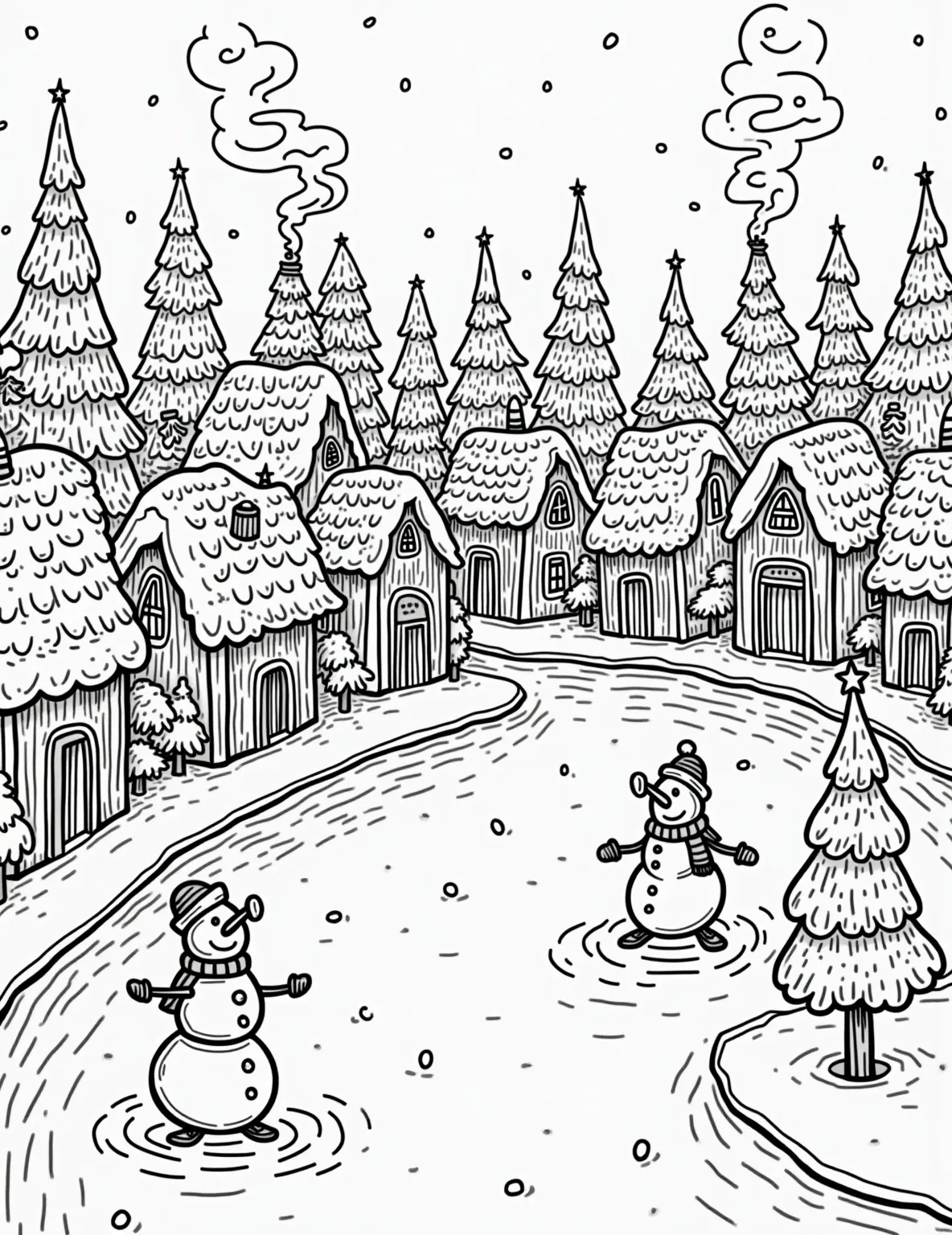 Winter Village Panorama with Christmas Lights Coloring Page -- prompt: "black lines only Playful winter village outline for coloring. Chunky houses with bold rooflines, swirling smoke from chimneys. Stylized Christmas trees and lamposts. Simplified snowflakes and stars. Curvy streets wind through scene. Cheerful characters ice skating and building snowmen. Empty spaces for creative coloring. Fun, festive atmosphere. flat black lines, premium coloring page, coloring sheet, line drawing, Coloring Book, NO COLOR, NO SHADING, WHITE BACKGROUND. NO GRAY, BLACK AND WHITE, NO COLOR" -- This panoramic coloring page depicts a charming winter village, each house and street illuminated by strings of Christmas lights. Snow-covered roofs and trees add to the festive atmosphere. This detailed scene offers a delightful challenge for those who enjoy creating entire landscapes.