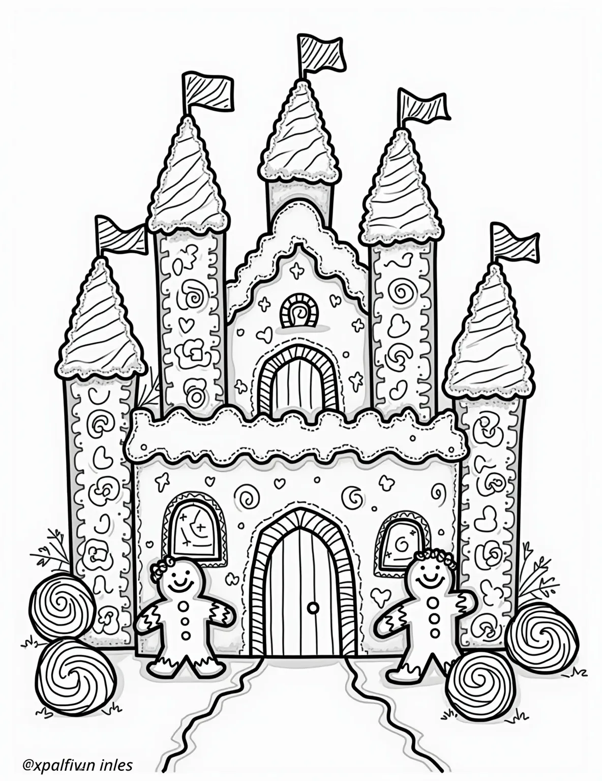 Gingerbread House Building Adventure Coloring Page -- prompt: "black lines only Cheerful gingerbread figures with bold outlines construct a grand cookie mansion. Swirling icing patterns, oversized lollipops, and gumdrops frame the scene. Simplified candy cane pillars support a roof adorned with wavy frosting lines. Smiling characters add playful touches, perfect for coloring. flat black lines, premium coloring page, coloring sheet, line drawing, Coloring Book, NO COLOR, NO SHADING, WHITE BACKGROUND. NO GRAY, BLACK AND WHITE, NO COLOR" -- This detailed coloring page showcases gingerbread men and women working together to build a grand gingerbread house. The scene is filled with candies, icing tubes, and partially constructed walls. It's a great page for older kids who enjoy intricate designs and can appreciate the collaborative effort depicted.