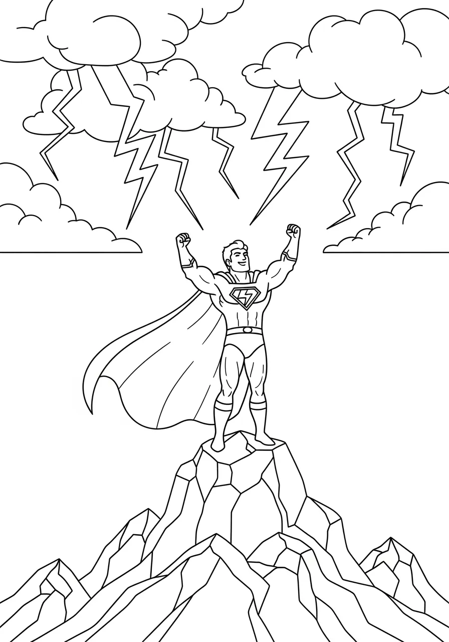 Weather-Control Hero Summoning Lightning Coloring Page -- prompt: "black lines only Fun coloring book page featuring cheerful superhero with flowing cape standing atop mountain peak, arms raised triumphantly summoning jagged lightning bolts from puffy storm clouds, bold black outlines, simple shapes perfect for children's crayons flat black lines, premium coloring page, coloring sheet, line drawing, Coloring Book, NO COLOR, NO SHADING, WHITE BACKGROUND. NO GRAY, BLACK AND WHITE, NO COLOR" -- A mighty superhero raises their arms to the sky, calling down powerful lightning bolts from storm clouds above. The dramatic scene shows crackling electricity, swirling wind effects, and the hero's cape billowing in the supernatural storm. This electrifying page offers excellent opportunities for practicing dynamic lighting effects through coloring.
