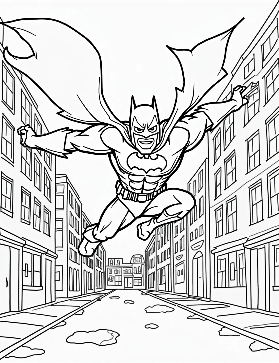 Batman vs. Mr. Freeze Ice Battle Coloring Page -- prompt: "black lines only Batman gracefully leaps between thick, bold outlines on a whimsical Gotham City street. Mr. Freeze's exaggerated ice ray zigzags across the page. Stylized snowflakes and icicles frame the scene. Simple geometric buildings and playful, chunky ice patches create a fun, kid-friendly coloring adventure. flat black lines, premium coloring page, coloring sheet, line drawing, Coloring Book, NO COLOR, NO SHADING, WHITE BACKGROUND. NO GRAY, BLACK AND WHITE, NO COLOR" -- Feel the chill of battle with this exciting confrontation between Batman and Mr. Freeze. The icy villain is unleashing his freezing ray while Batman dodges, surrounded by a partially frozen Gotham street. This page offers a great opportunity to play with cool color palettes and icy textures.