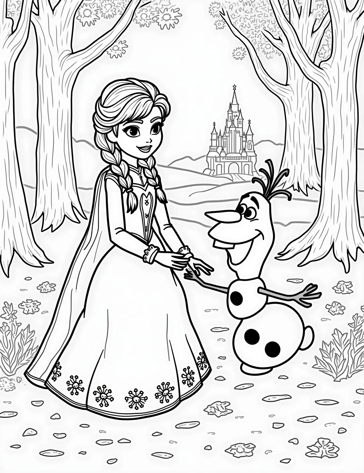 Anna's Winter Wonderland -- prompt: "black lines only Anna cheerfully builds Olaf in a whimsical forest. Bold outlines define snowflakes, trees, and a distant fairytale castle. Simple shapes and patterns fill the scene, perfect for coloring. Anna's braids and dress have playful details. Olaf's carrot nose pops with humor. flat black lines, premium coloring page, coloring sheet, line drawing, Coloring Book, NO COLOR, NO SHADING, WHITE BACKGROUND. NO GRAY, BLACK AND WHITE, NO COLOR" -- Experience the joy of winter with Anna in this delightful coloring page. Our spirited princess is shown building a snowman (it's Olaf!), surrounded by snowflakes and pine trees. The warm glow from a nearby castle window adds a cozy touch to this wintry scene.