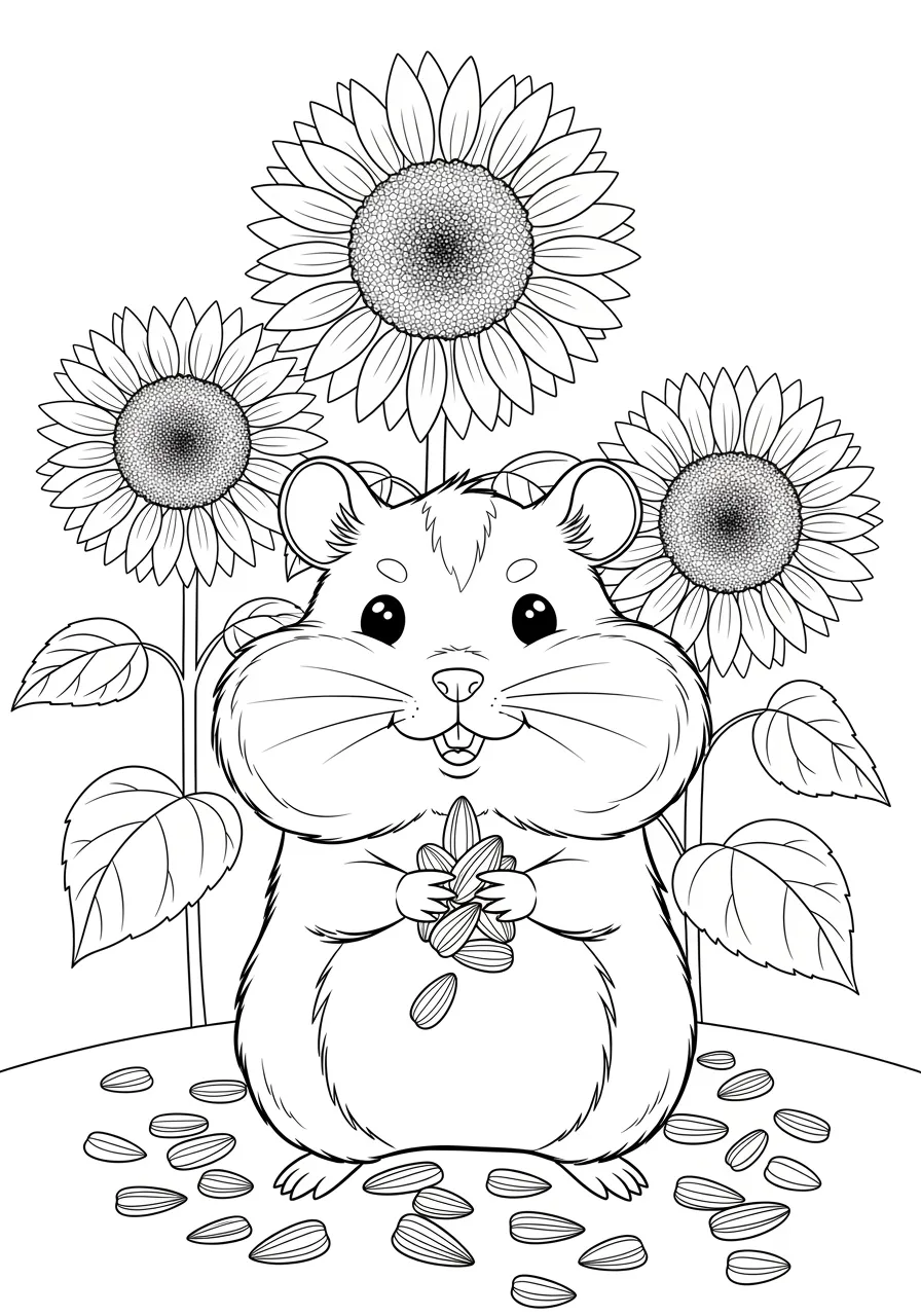 Cute Hamster Sunflower Garden Coloring Page -- prompt: "black lines only Fun coloring book style illustration of adorable hamster with bulging cheeks full of sunflower seeds, standing proudly between towering sunflowers with bold outlines, scattered seeds creating playful patterns, cheerful garden scene with clear black lines ready for coloring flat black lines, premium coloring page, coloring sheet, line drawing, Coloring Book, NO COLOR, NO SHADING, WHITE BACKGROUND. NO GRAY, BLACK AND WHITE, NO COLOR" -- This adorable scene features a tiny hamster standing among towering sunflowers that dwarf its small size. The hamster's cheek pouches are stuffed with sunflower seeds while it looks up in wonder at the giant blooms above. This charming page is perfect for teaching children about small pets and garden ecosystems.
