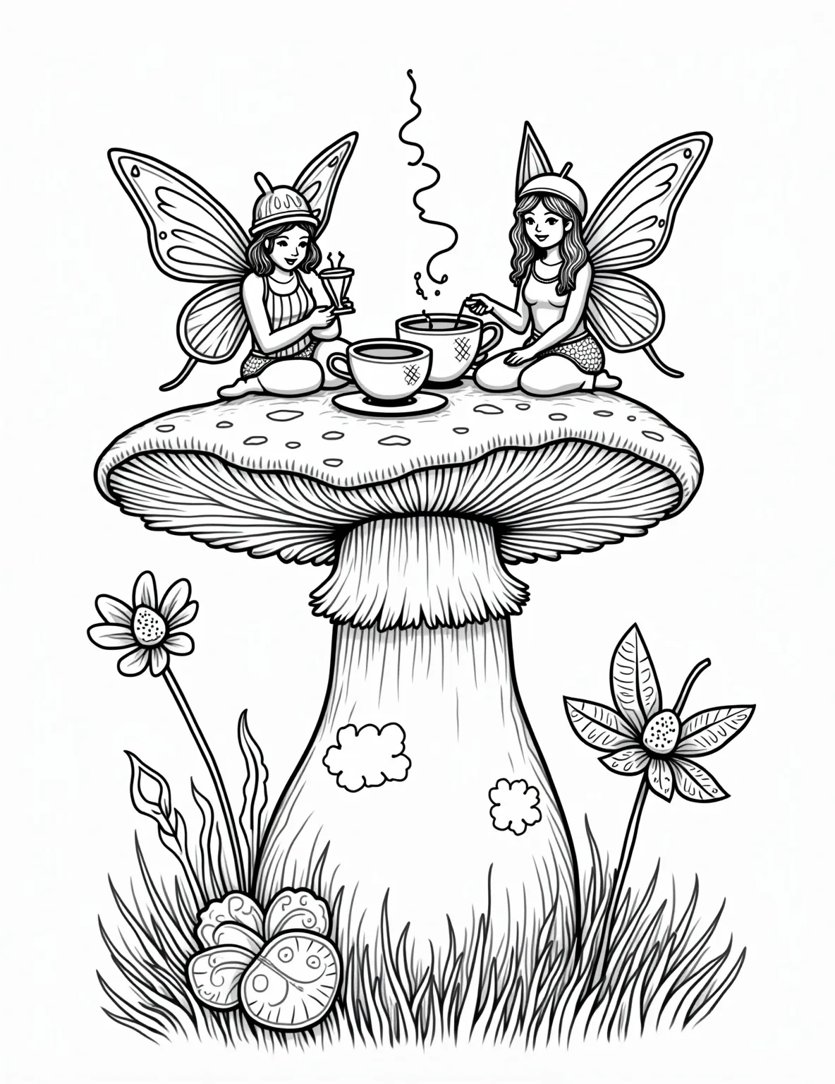 Fairy Tea Party Coloring Page -- prompt: "black lines only Delightful fairy tea party on giant toadstool. Acorn teacups, flower petal plates, ladybug sugar bowls. Fairies with butterfly wings, pointy hats. Caterpillar inchworms as measuring rulers. Dewdrop crystals hanging. Firefly lanterns. Bold outlines, simple shapes. Enchanting coloring book page. flat black lines, premium coloring page, coloring sheet, line drawing, Coloring Book, NO COLOR, NO SHADING, WHITE BACKGROUND. NO GRAY, BLACK AND WHITE, NO COLOR" -- Delight in the whimsy of this fairy tea party coloring page. Tiny fairies gather around a mushroom table set with acorn cups and flower-petal plates. This page offers a wonderful mix of detail and open spaces, making it suitable for colorists of various skill levels.