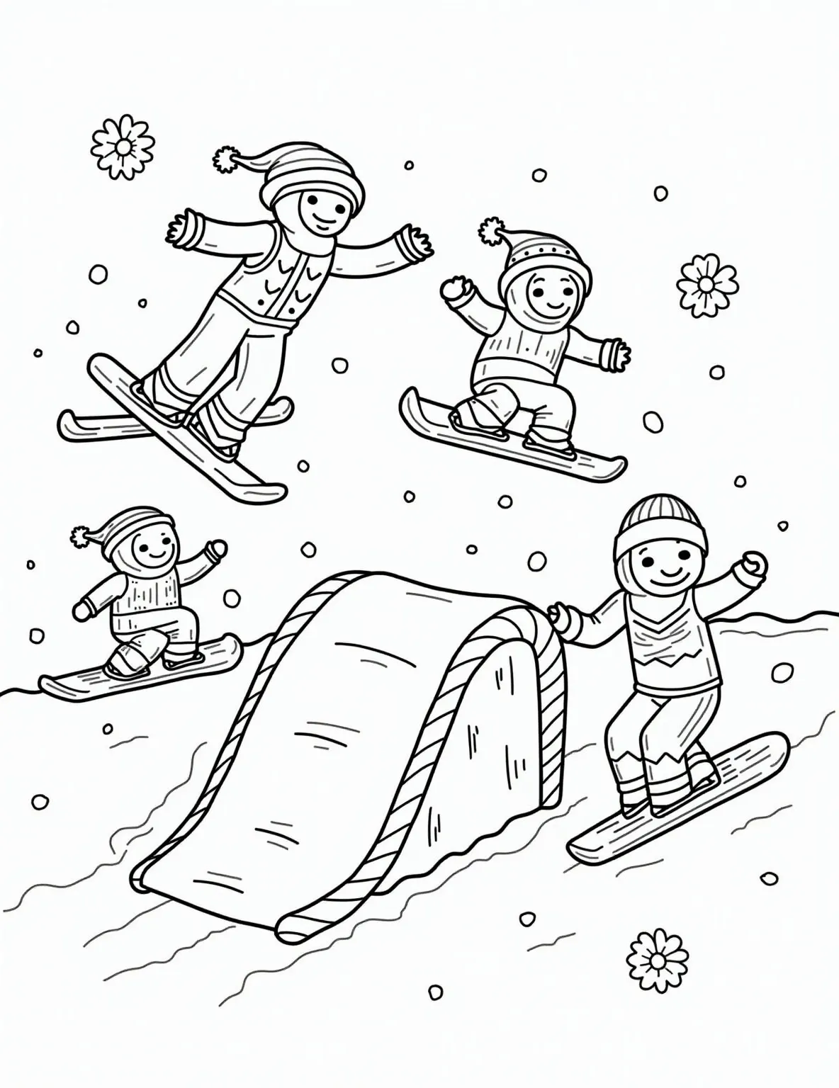 Gingerbread Man's Winter Olympics Coloring Page -- prompt: "black lines only Charming gingerbread athletes with icing outlines compete in winter Olympic events. Ski jumpers soar off candy cane ramps, figure skaters twirl on peppermint ice, and bobsledders race down frosted cookie tracks. Bold, simple lines perfect for coloring, sprinkled with festive snowflakes and flat black lines, premium coloring page, coloring sheet, line drawing, Coloring Book, NO COLOR, NO SHADING, WHITE BACKGROUND. NO GRAY, BLACK AND WHITE, NO COLOR" -- This sporty coloring page depicts gingerbread athletes participating in various winter Olympic sports. You'll see skiing, ice skating, and bobsledding gingerbread characters. It's a great page for discussing sports and international events.