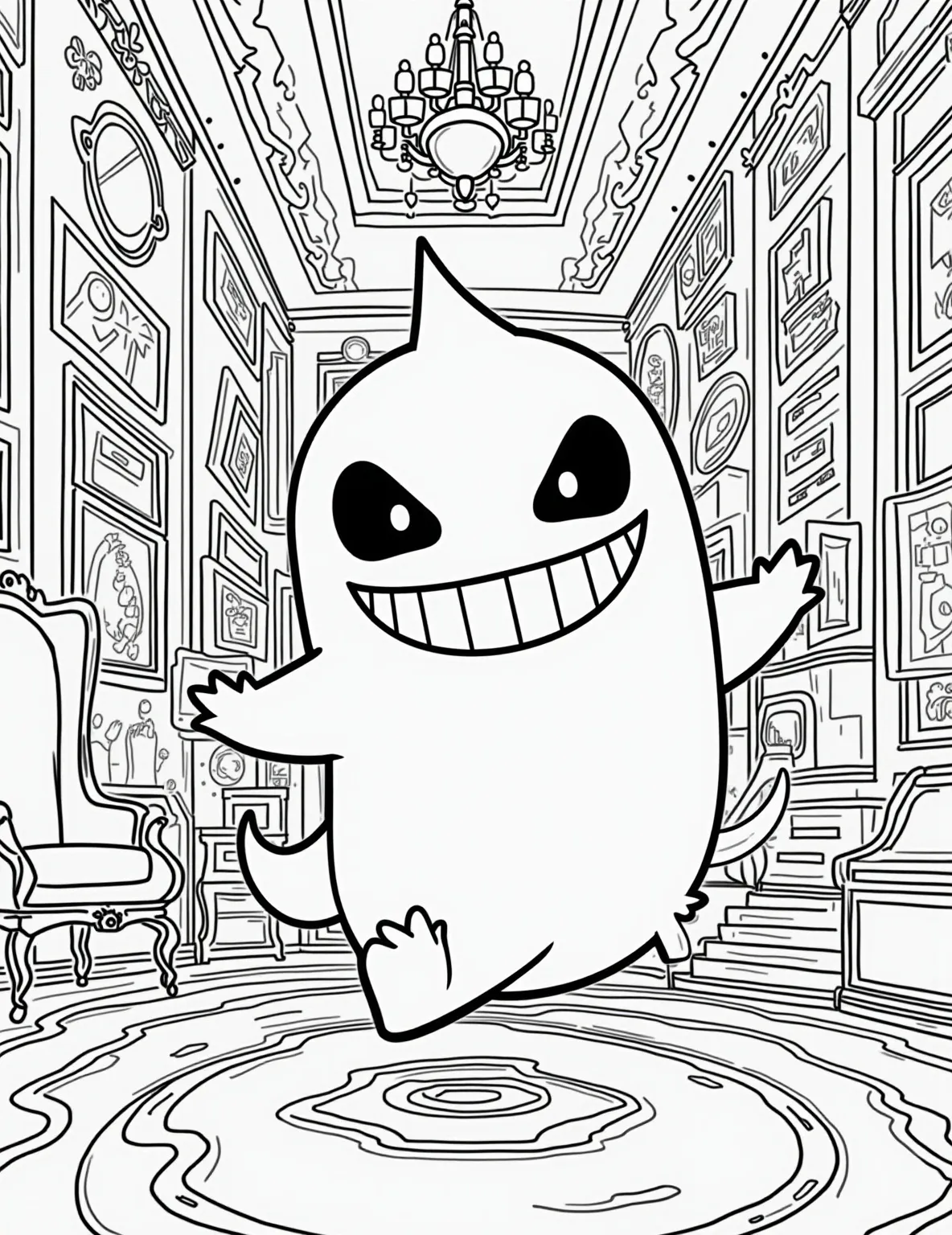 Gengar's Spooky Mansion Coloring Page -- prompt: "black lines only Gengar's mischievous grin floats through a haunted mansion's bold outlines. Ghostly Gastly and Haunter swirl around, their eyes wide. Furniture hovers, defying gravity. Chandeliers, portraits, and staircases create a maze-like interior. Perfect for coloring, each element stands out with thick, inviting lines. flat black lines, premium coloring page, coloring sheet, line drawing, Coloring Book, NO COLOR, NO SHADING, WHITE BACKGROUND. NO GRAY, BLACK AND WHITE, NO COLOR" -- Dare to enter the haunted world of Gengar in this eerie coloring page! The mischievous ghost-type Pokemon lurks in the shadows of a creepy old mansion, surrounded by floating objects and other ghostly Pokemon. This spine-tingling scene is perfect for those who enjoy a touch of the macabre in their coloring adventures.