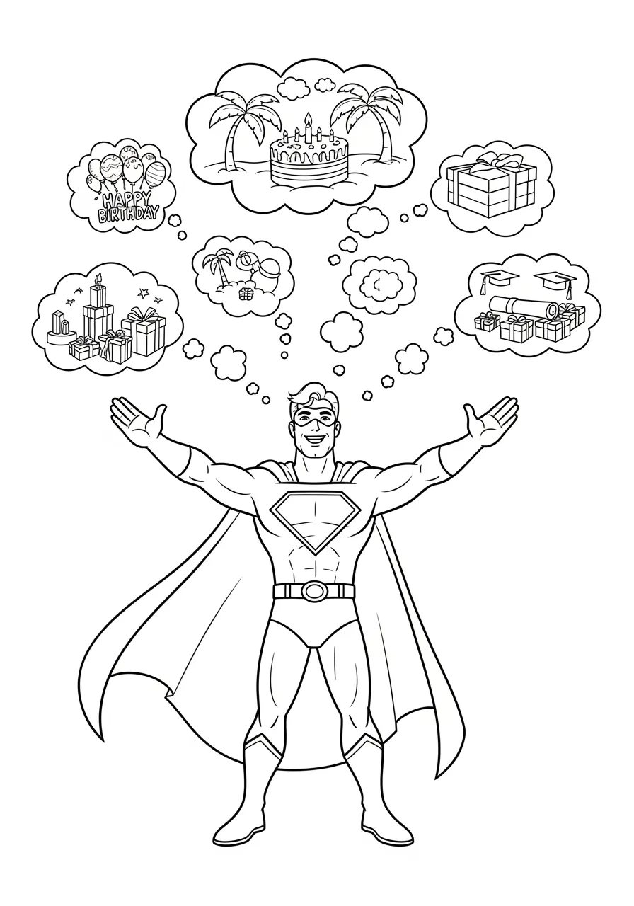 Memory-Manipulating Hero Viewing Thought Bubbles Coloring Page -- prompt: "black lines only Cheerful superhero with cape flowing stands center stage, hands glowing while manipulating floating thought bubbles containing birthday parties, vacations, graduation ceremonies. Bold black outlines, simple shapes, smiling character perfect for coloring book pages with clear defined spaces. flat black lines, premium coloring page, coloring sheet, line drawing, Coloring Book, NO COLOR, NO SHADING, WHITE BACKGROUND. NO GRAY, BLACK AND WHITE, NO COLOR" -- A mind-powered superhero demonstrates their ability to access and view memories, with thought bubbles containing various scenes floating around them. Each bubble shows a different memory or thought, creating multiple mini-scenes within the larger coloring page. This complex design offers numerous opportunities for detailed coloring work across multiple vignettes.