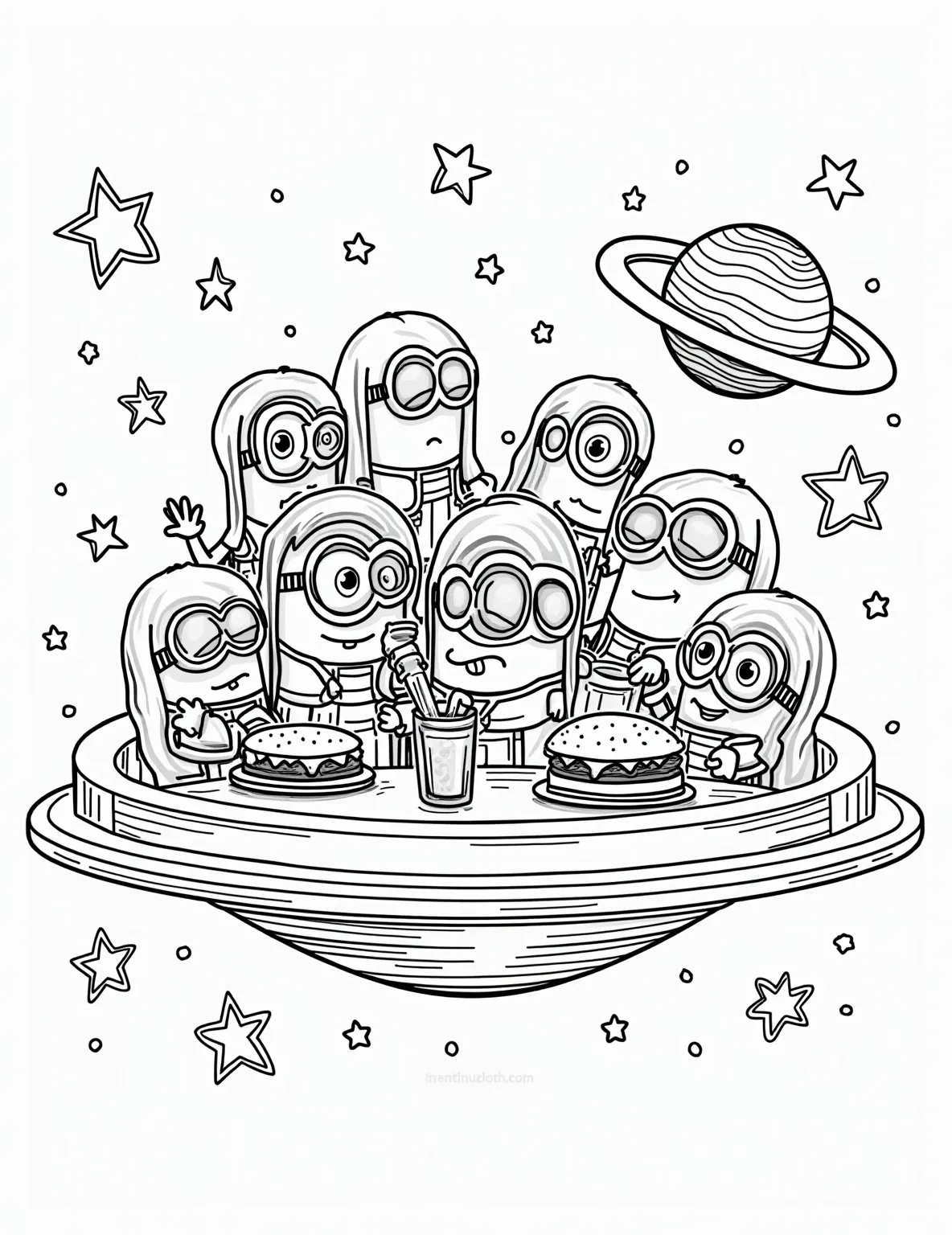 Minions' Intergalactic Space Diner -- prompt: "black lines only Cheerful Minions in space suits manage a retro diner floating amidst stars. Alien patrons of various shapes fill outlined booths. Cosmic milkshakes, Saturn-shaped burgers, and asteroid fries dot the scene. Thick, bold lines define each element, perfect for coloring. flat black lines, premium coloring page, coloring sheet, line drawing, Coloring Book, NO COLOR, NO SHADING, WHITE BACKGROUND. NO GRAY, BLACK AND WHITE, NO COLOR" -- Blast off to a galaxy of flavor with this space-themed Minion coloring page! Our yellow friends are running a busy diner in space, serving up cosmic milkshakes and meteor burgers to aliens of all shapes and sizes. This imaginative scene is perfect for kids and adults who love sci-fi and quirky scenarios.