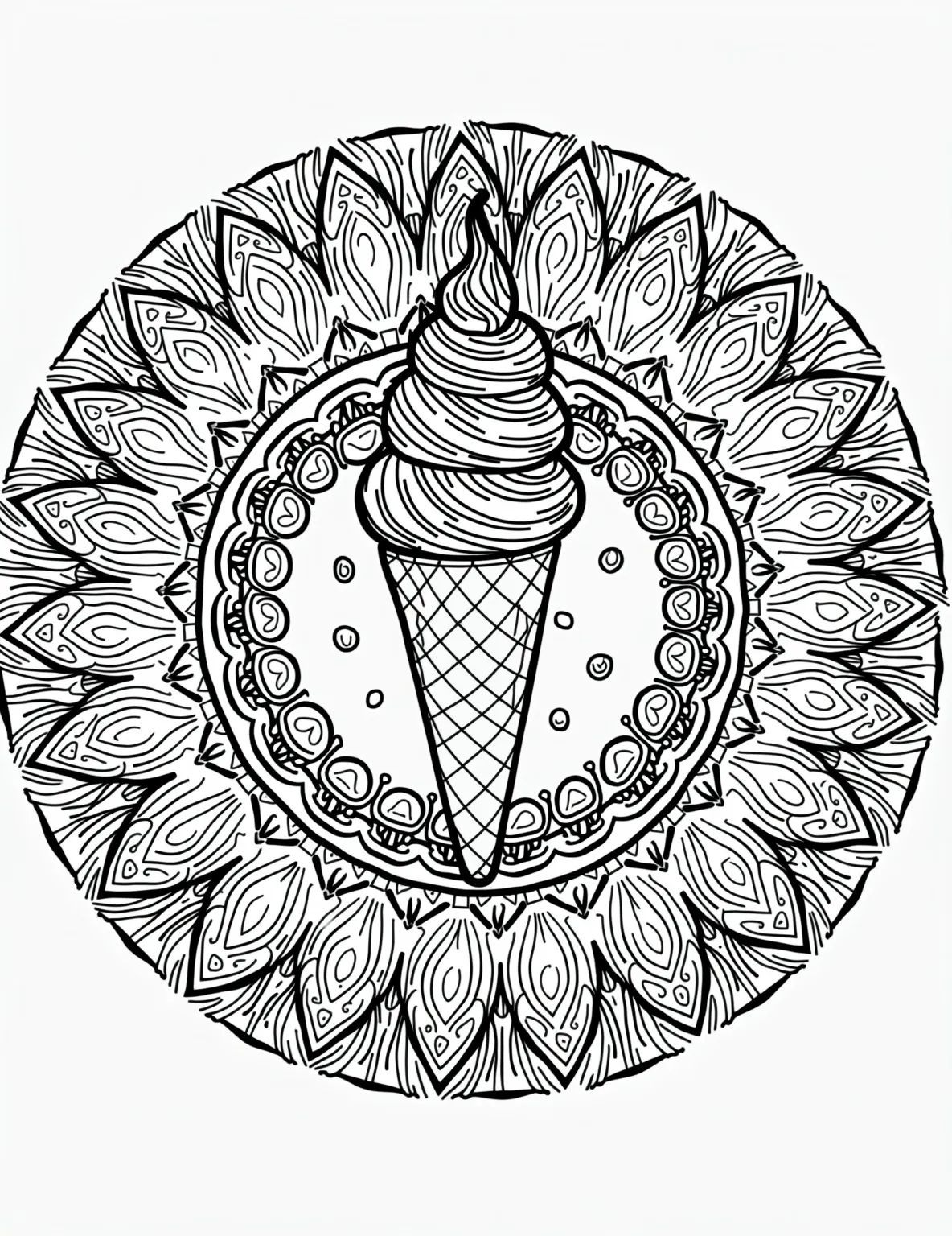 Ice Cream Mandala -- prompt: "black lines only Playful mandala coloring page featuring swirling ice cream cones, scoops, and toppings. Bold outlines define sprinkles, waffle patterns, and dripping syrup. Symmetrical design radiates from central sundae, surrounded by concentric circles of frozen treats. Cheerful, mouth-watering illustration invites creative coloring fun. flat black lines, premium coloring page, coloring sheet, line drawing, Coloring Book, NO COLOR, NO SHADING, WHITE BACKGROUND. NO GRAY, BLACK AND WHITE, NO COLOR" -- Combine the soothing nature of mandala coloring with the fun of ice cream in this unique design. Ice cream cones, scoops, and toppings are arranged in a beautiful, symmetrical pattern. This page is excellent for practicing color harmony and achieving a sense of calm.