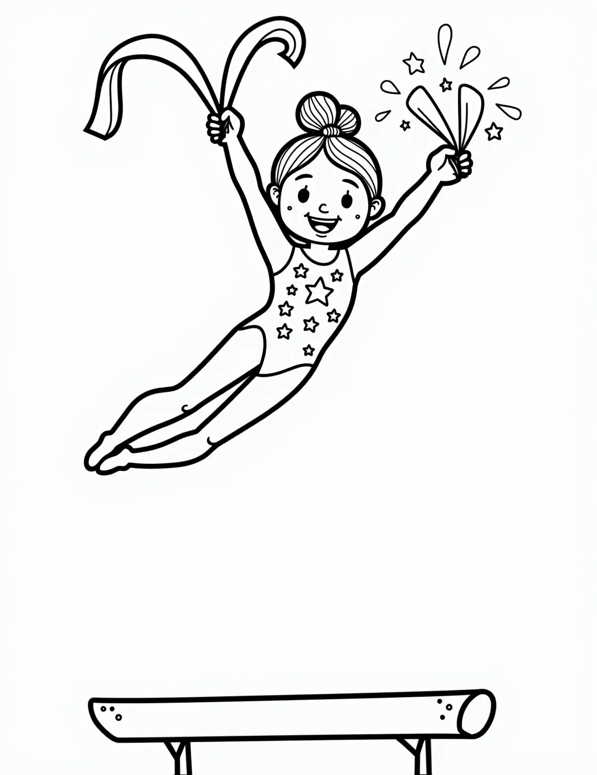 Gymnast Girl's Perfect Routine -- prompt: "black lines only Coloring page featuring graceful gymnast mid-leap, ribbon swirling. Leotard adorned with stars and swirls. Hair in tight bun. Background elements: balance beam, uneven bars. Bold outlines, simple shapes. Inspiring pose captures movement and energy. Perfect for aspiring young athletes to color and dream. flat black lines, premium coloring page, coloring sheet, line drawing, Coloring Book, NO COLOR, NO SHADING, WHITE BACKGROUND. NO GRAY, BLACK AND WHITE, NO COLOR" -- Celebrate grace and strength with this gymnast girl coloring page. The young athlete is shown performing a flawless floor routine, her ribbon trailing behind her. The intricate details of her leotard offer a fun coloring challenge.