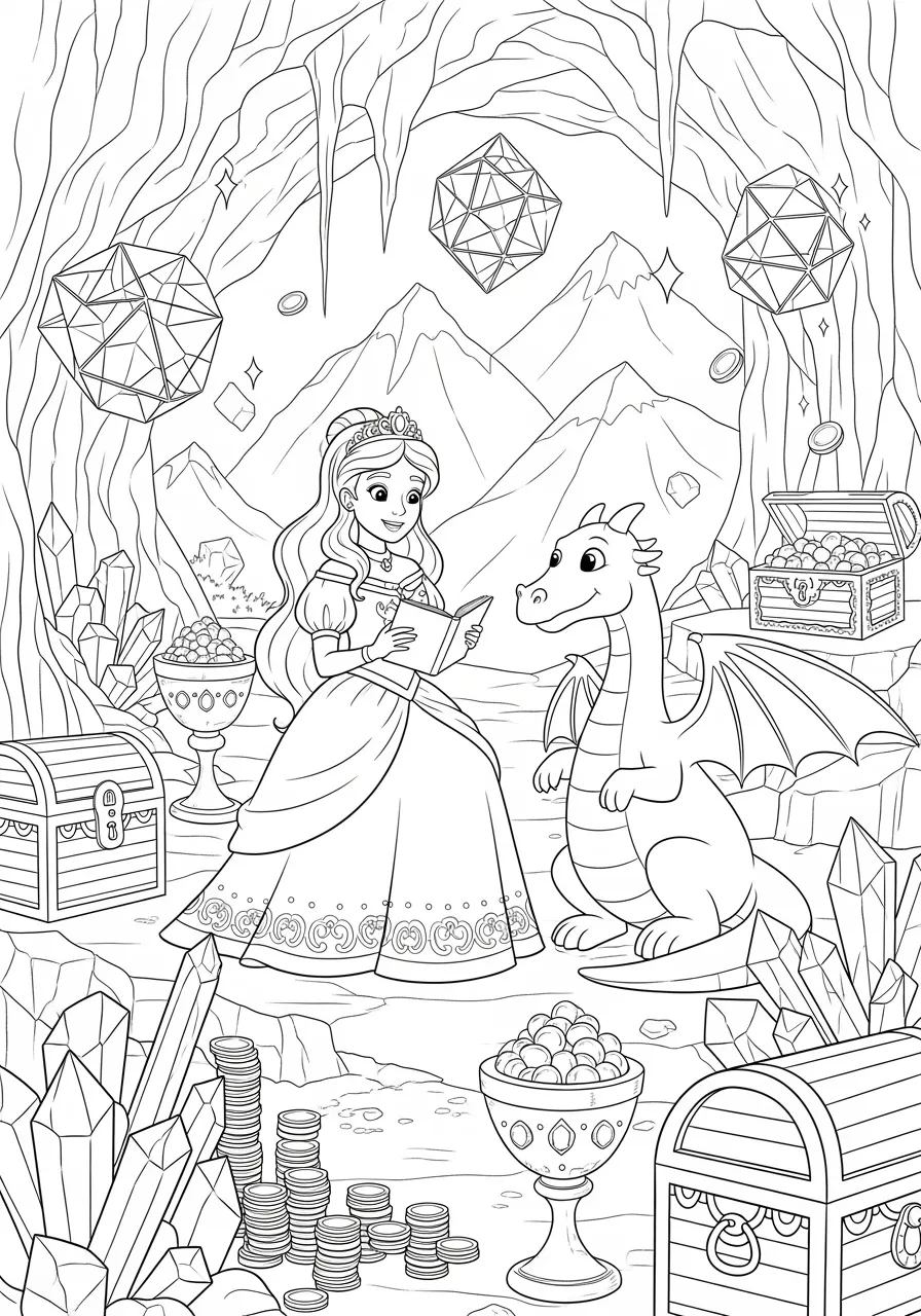 Princess and Dragon Friend Coloring Page -- prompt: "black lines only Fun coloring book style page featuring smiling princess with flowing gown conversing with friendly dragon surrounded by geometric crystal formations, scattered coins, jeweled goblets, ornate treasure chests in spacious mountain cave with bold outlines and simple shapes flat black lines, premium coloring page, coloring sheet, line drawing, Coloring Book, NO COLOR, NO SHADING, WHITE BACKGROUND. NO GRAY, BLACK AND WHITE, NO COLOR" -- Discover an unlikely friendship in this heartwarming scene of a brave princess befriending a gentle dragon in a mountain cave. The dragon's scales offer intricate detailing opportunities while the princess shows kindness and courage. This page teaches that not all dragons are scary and celebrates friendship across differences.