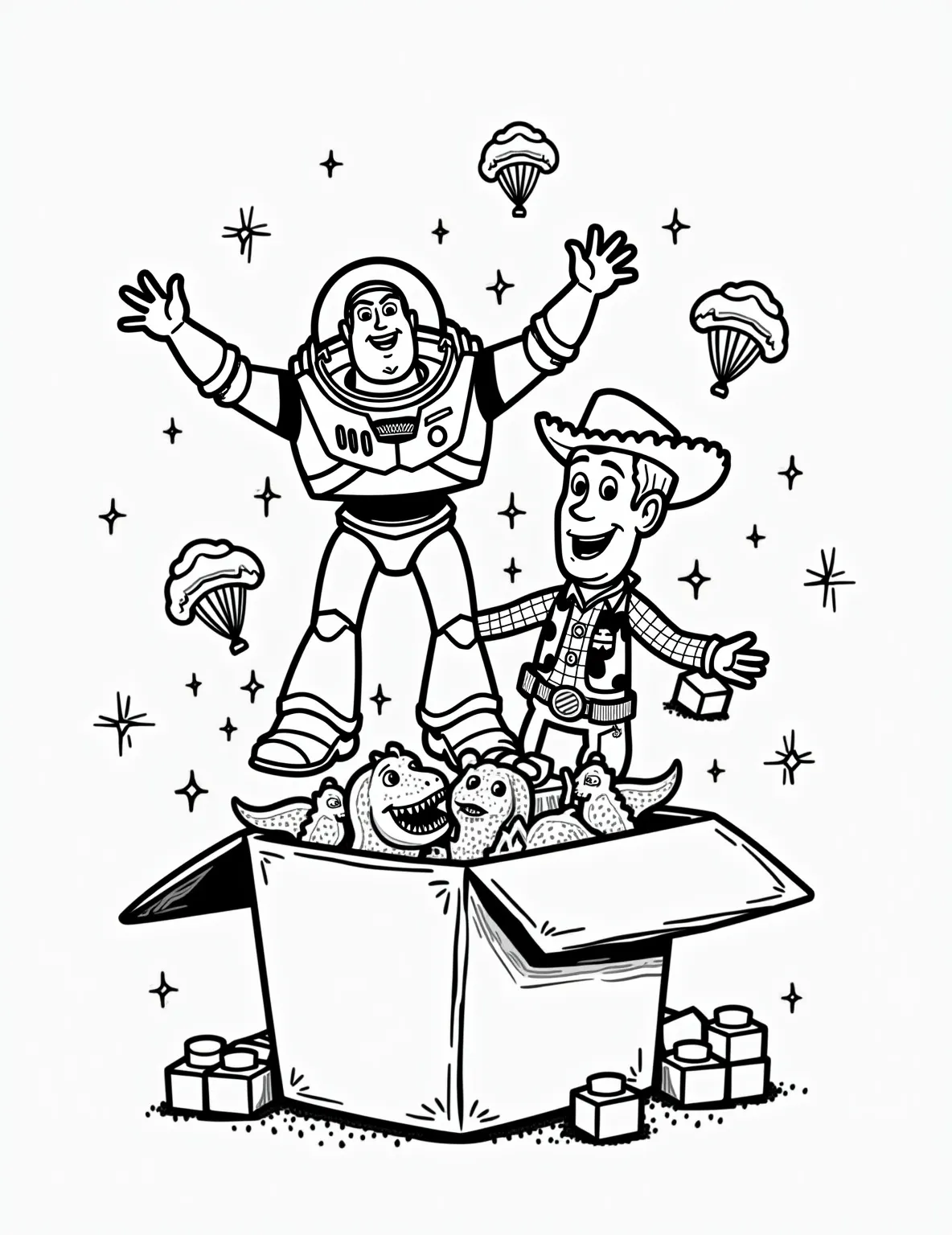 Buzz and Woody's Toy Box Escapade -- prompt: "black lines only Buzz Lightyear and Woody burst from a toy box, arms outstretched, surrounded by tumbling playthings. Bold outlines define each character and object. Simple, clean shapes with minimal shading create a playful scene perfect for coloring. Cheerful expressions and dynamic poses capture childhood wonder. flat black lines, premium coloring page, coloring sheet, line drawing, Coloring Book, NO COLOR, NO SHADING, WHITE BACKGROUND. NO GRAY, BLACK AND WHITE, NO COLOR" -- Embark on a thrilling adventure with Buzz Lightyear and Woody as they emerge from Andy's toy box! This dynamic coloring page captures the moment these two beloved characters burst forth, surrounded by a cascade of other toys. Perfect for Toy Story fans of all ages, this page offers a delightful mix of detail and whimsy.