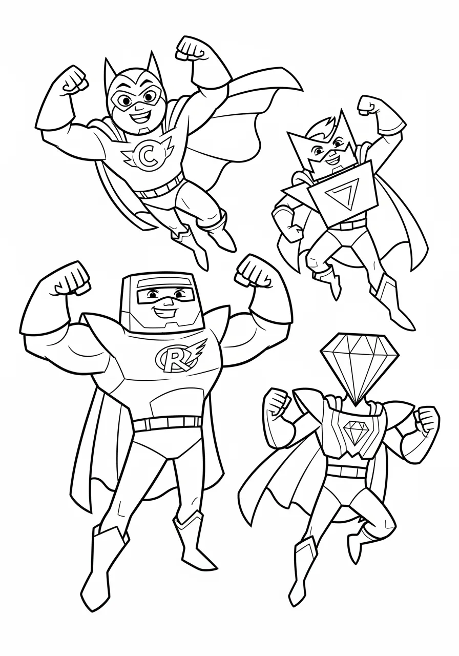 Shape Superhero Squad Coloring Page -- prompt: "black lines only Bold superhero team featuring Captain Circle with flowing cape, Triangle Thunder with pointed mask, Rectangle Ranger with broad shoulders, and Diamond Defender with crystalline costume, striking heroic poses with thick black outlines, perfect for children's coloring adventures flat black lines, premium coloring page, coloring sheet, line drawing, Coloring Book, NO COLOR, NO SHADING, WHITE BACKGROUND. NO GRAY, BLACK AND WHITE, NO COLOR" -- Meet the mightiest heroes in the shape universe! Each superhero is uniquely designed using different geometric forms, from Captain Circle to Triangle Girl. Kids will have endless fun creating colorful costumes for these geometric guardians while learning about different shapes and their properties.