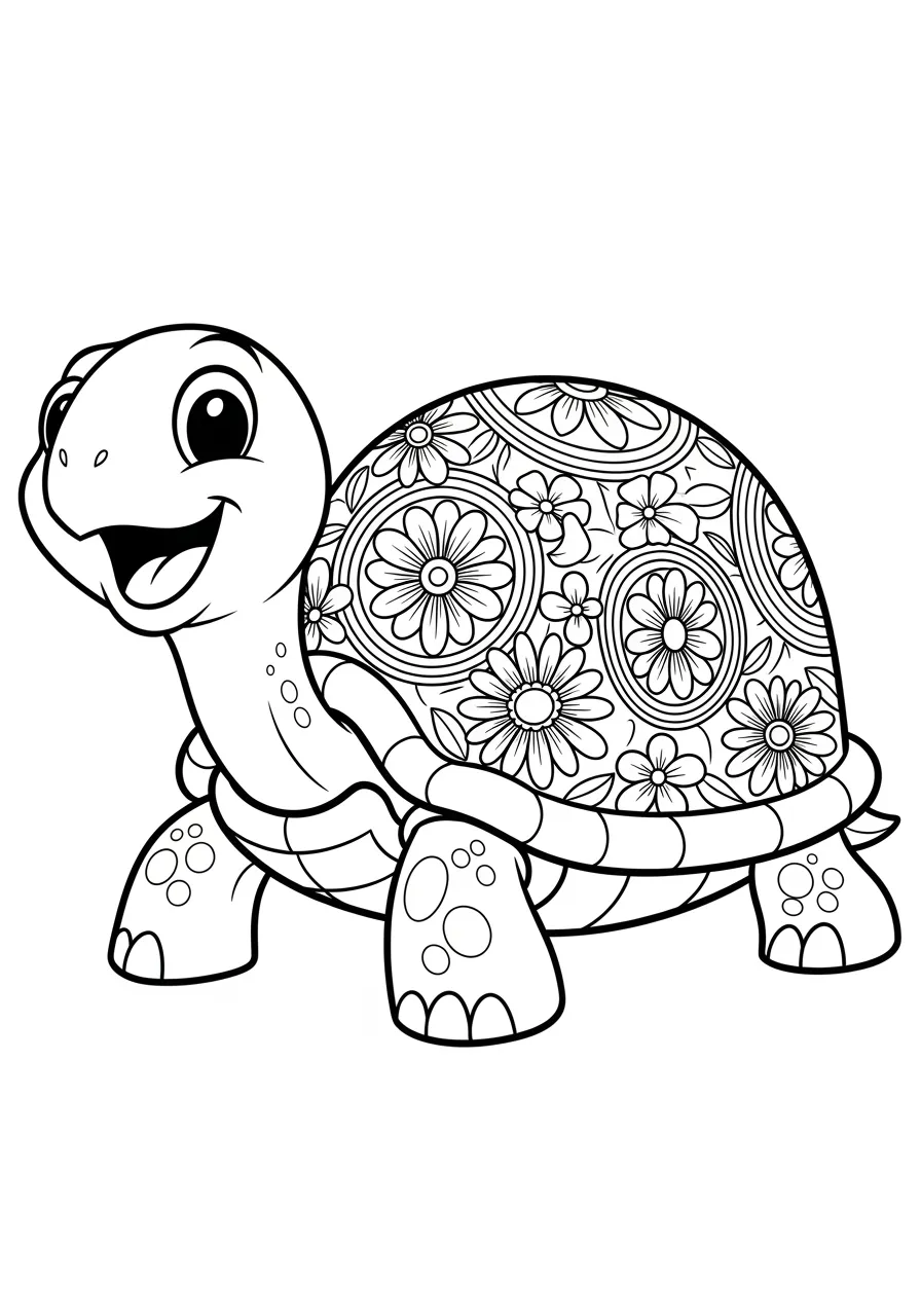 Intricate Mandala Turtle Shell Coloring Page -- prompt: "black lines only Cheerful cartoon turtle smiling warmly, thick black outlines perfect for crayons, shell adorned with mandala flowers and geometric patterns in bold concentric circles, simple clean lines, white background, kid-friendly coloring book page design flat black lines, premium coloring page, coloring sheet, line drawing, Coloring Book, NO COLOR, NO SHADING, WHITE BACKGROUND. NO GRAY, BLACK AND WHITE, NO COLOR" -- This meditative adult coloring page transforms a turtle's shell into an elaborate mandala filled with geometric patterns and nature-inspired designs. The turtle's head and legs peek out from beneath the ornately decorated shell, creating a perfect balance of realism and artistic interpretation. This page offers both relaxation and appreciation for these ancient creatures.