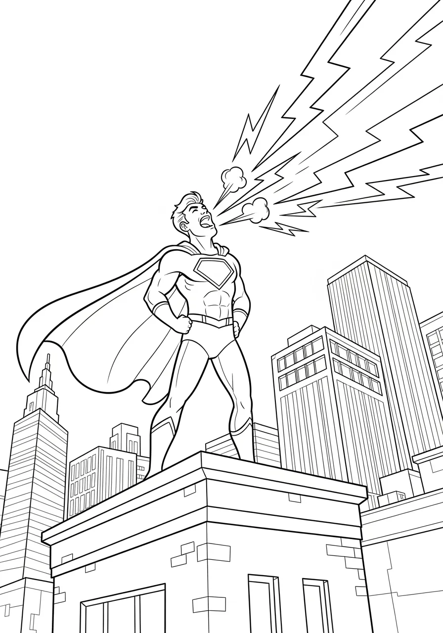Sonic Scream Hero Creating Sound Waves Coloring Page -- prompt: "black lines only Fun coloring book page featuring superhero with cape flowing, mouth wide open releasing visible sound waves as bold zigzag lines, buildings trembling nearby, simple thick black outlines, cheerful cartoon style perfect for children flat black lines, premium coloring page, coloring sheet, line drawing, Coloring Book, NO COLOR, NO SHADING, WHITE BACKGROUND. NO GRAY, BLACK AND WHITE, NO COLOR" -- This dynamic coloring page features a superhero using sonic powers, with visible sound waves radiating out from their open mouth. The concentric circles and wave patterns create a mesmerizing effect that shows the power of sound as a superhero ability. Windows rattle and debris flies in the background, demonstrating the incredible force of the sonic attack.