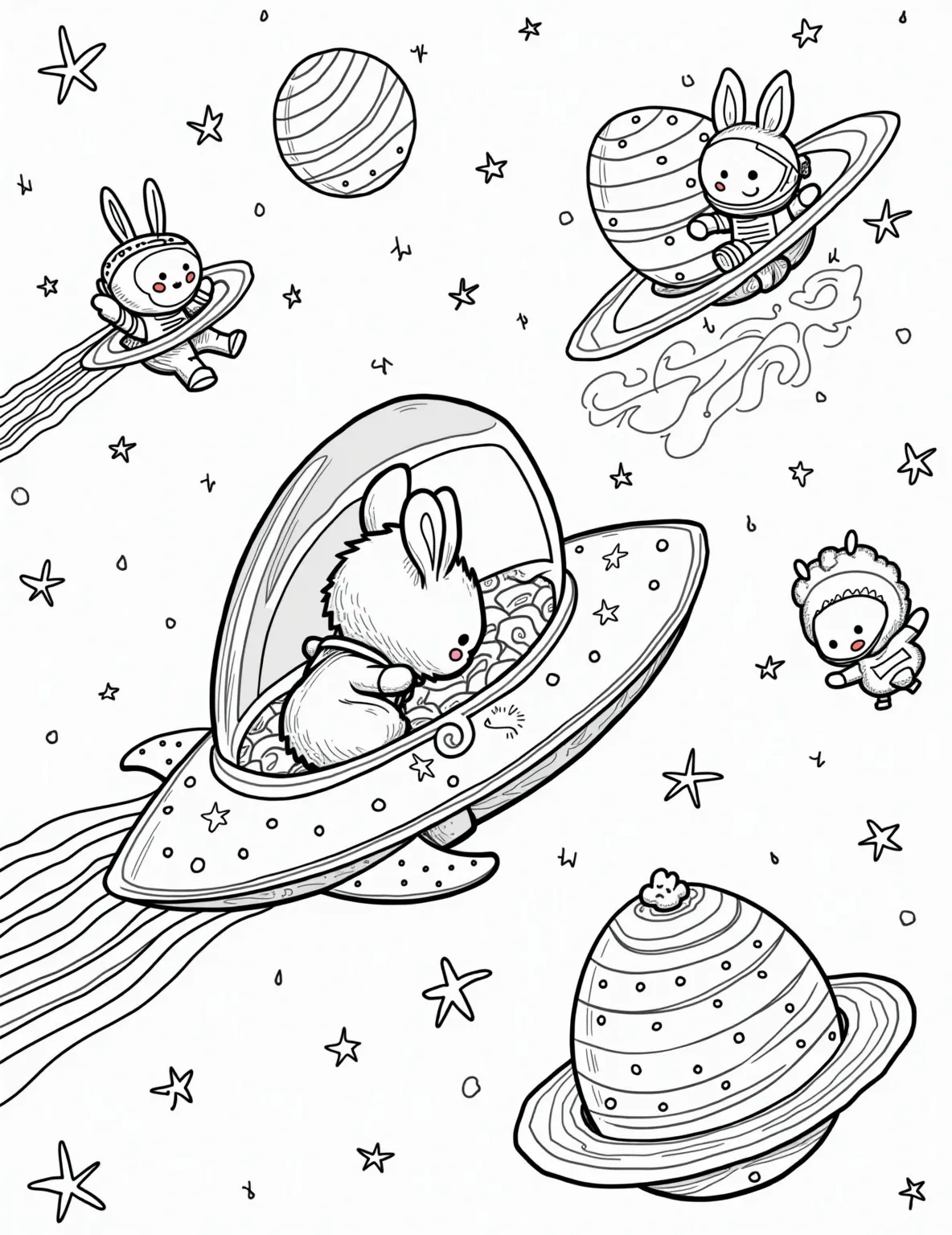 Easter Egg Spaceship Adventure -- prompt: "black lines only Egg-shaped spaceship with bunny astronauts exploring Easter galaxy. Planets resemble decorated eggs, comets trail pastel ribbons. Friendly aliens shaped like chicks and lambs float among star-shaped sprinkles. Bold outlines define each element, perfect for coloring. Cheerful scene evokes wonder and joy. flat black lines, premium coloring page, coloring sheet, line drawing, Coloring Book, NO COLOR, NO SHADING, WHITE BACKGROUND. NO GRAY, BLACK AND WHITE, NO COLOR" -- Blast off into an out-of-this-world Easter experience with this imaginative coloring page. An egg-shaped spaceship piloted by bunny astronauts explores a galaxy filled with planet-eggs, star-shaped candies, and comet-like ribbons. Alien creatures watch in wonder as Easter goes intergalactic.