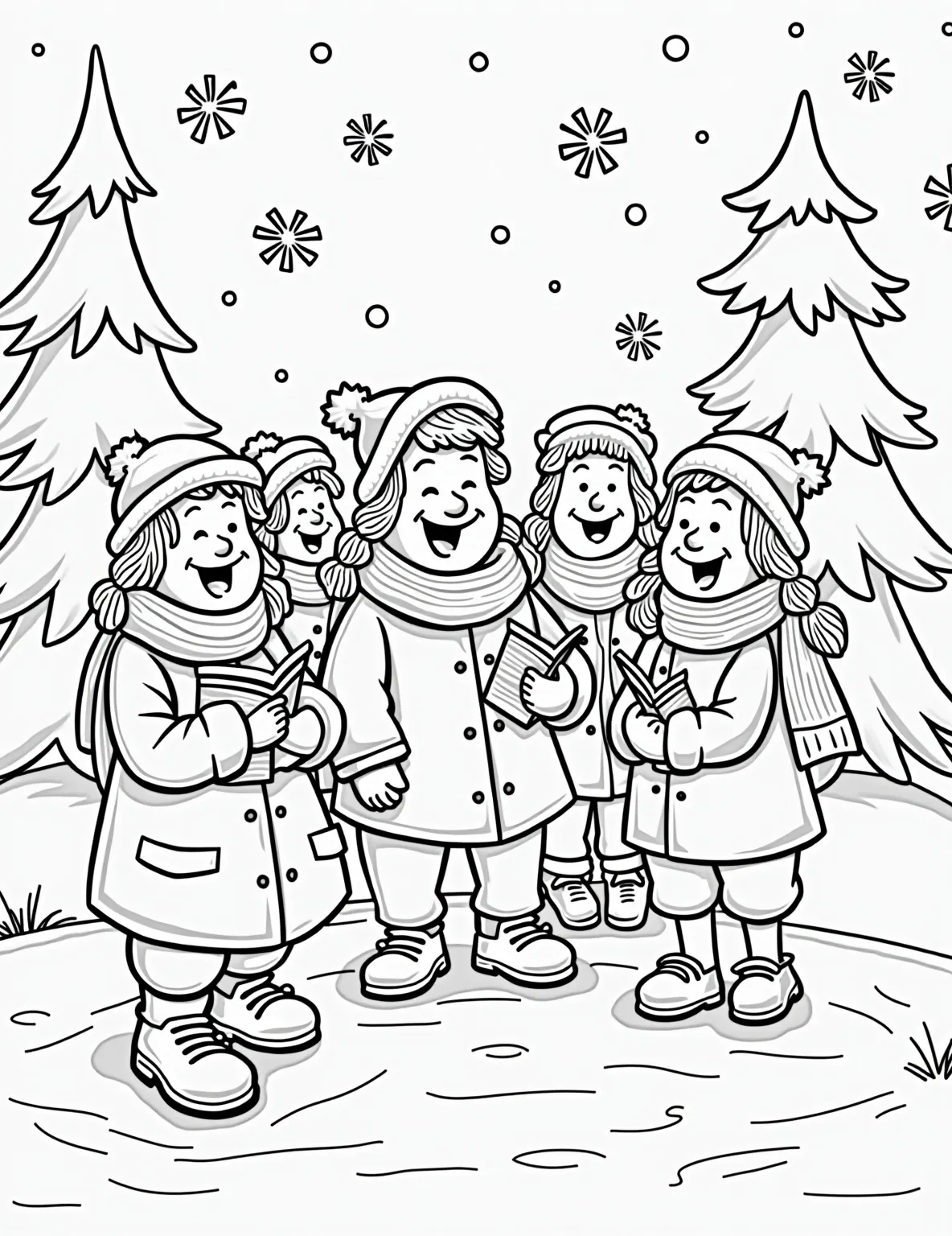 Christmas Carol Singers Coloring Page -- prompt: "black lines only Cheerful carolers with exaggerated smiles, bundled in puffy coats and scarves, surrounded by oversized snowflakes and ornaments. Bold outlines define each element, creating a festive scene perfect for coloring. Simplified holiday trees and houses frame the merry group, inviting creative color choices. flat black lines, premium coloring page, coloring sheet, line drawing, Coloring Book, NO COLOR, NO SHADING, WHITE BACKGROUND. NO GRAY, BLACK AND WHITE, NO COLOR" -- Celebrate the sounds of the season with this charming coloring page featuring Christmas carol singers. The scene depicts a group of bundled-up carolers singing their hearts out, surrounded by snow and holiday decorations. It's a perfect way to visualize the joyful sounds of Christmas.