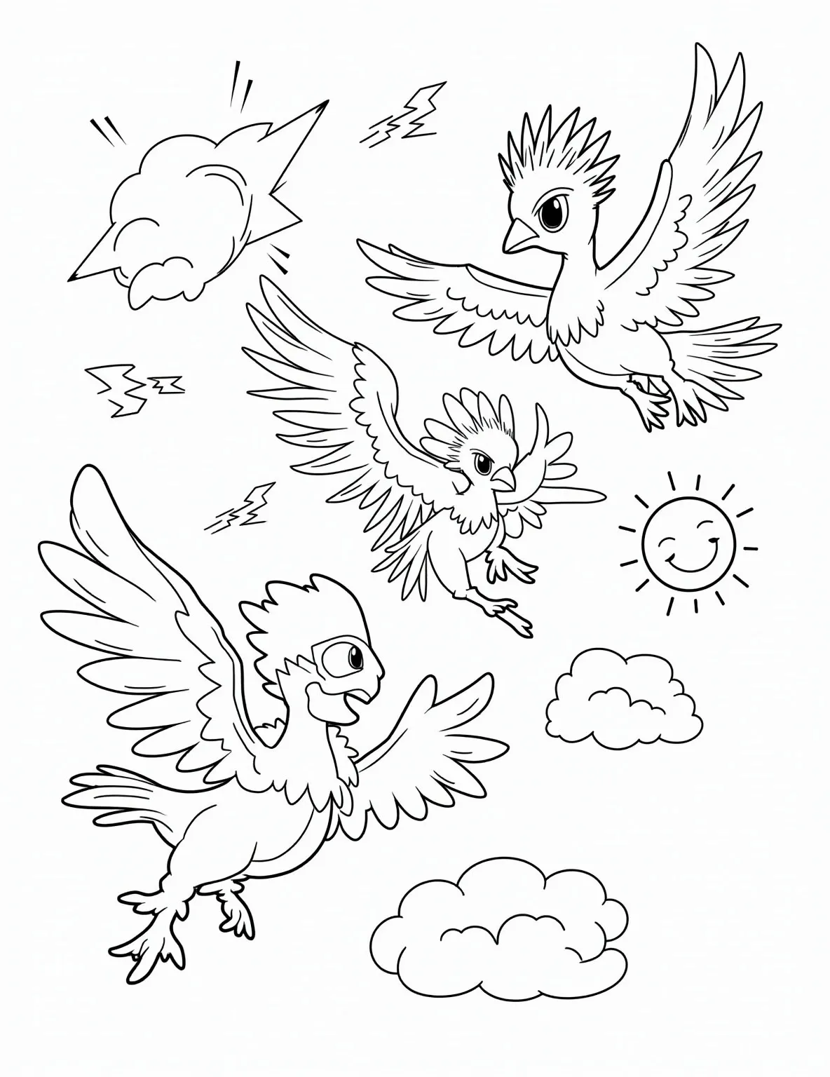 Legendary Birds' Sky Battle Coloring Page -- prompt: "black lines only Legendary birds Articuno, Zapdos, and Moltres soar in playful swirls across a whimsical sky. Bold, thick outlines define their majestic forms. Stylized ice crystals, lightning bolts, and flame patterns surround them. Fluffy clouds and a smiling sun complete this cheerful, kid-friendly coloring page design. flat black lines, premium coloring page, coloring sheet, line drawing, Coloring Book, NO COLOR, NO SHADING, WHITE BACKGROUND. NO GRAY, BLACK AND WHITE, NO COLOR" -- Witness an epic clash of the legendary bird Pokemon in this detailed coloring page! Articuno, Zapdos, and Moltres are depicted in a dramatic mid-air battle, their elemental powers colliding. This intricate design is ideal for adult Pokemon enthusiasts who enjoy a more complex coloring challenge.