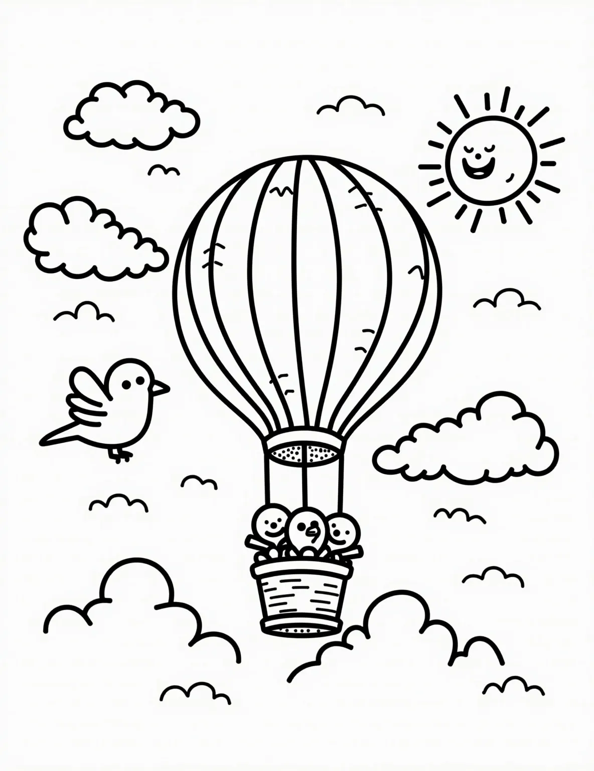 Rainbow Hot Air Balloon Adventure Coloring Page -- prompt: "black lines only Cheerful hot air balloon with bold rainbow stripes soars through puffy clouds. Playful birds circle nearby. Simple outlines perfect for coloring. Basket swings gently. Sun peeks out, its rays creating patterns. Fluffy cumulus clouds drift lazily. Joyful scene inspires creativity and wonder. flat black lines, premium coloring page, coloring sheet, line drawing, Coloring Book, NO COLOR, NO SHADING, WHITE BACKGROUND. NO GRAY, BLACK AND WHITE, NO COLOR" -- Soar through the sky in this whimsical coloring page featuring a hot air balloon decorated with rainbow stripes. Fluffy clouds and soaring birds add to the sense of adventure. This page is great for those who dream of colorful, high-flying journeys.