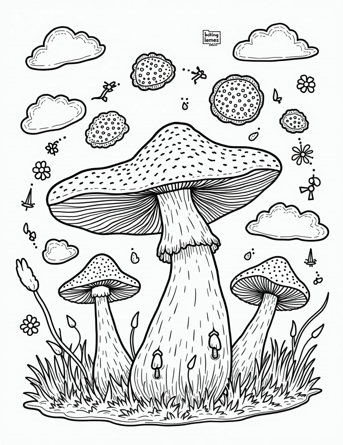 Mushroom Life Cycle -- prompt: "black lines only Playful coloring page depicting mushroom life cycle. Bold outlines showcase spores, mycelium, pinhead, button, and mature cap. Whimsical forest creatures guide through stages. Doodle-style labels, fun fungi facts in speech bubbles. Swirling patterns fill empty spaces, inviting creative coloring. flat black lines, premium coloring page, coloring sheet, line drawing, Coloring Book, NO COLOR, NO SHADING, WHITE BACKGROUND. NO GRAY, BLACK AND WHITE, NO COLOR" -- Learn about mushroom biology with this educational coloring page. The life cycle of a mushroom is illustrated in a series of stages, from spores to fully grown fungi. Each stage is clearly labeled, making it a perfect resource for budding mycologists.