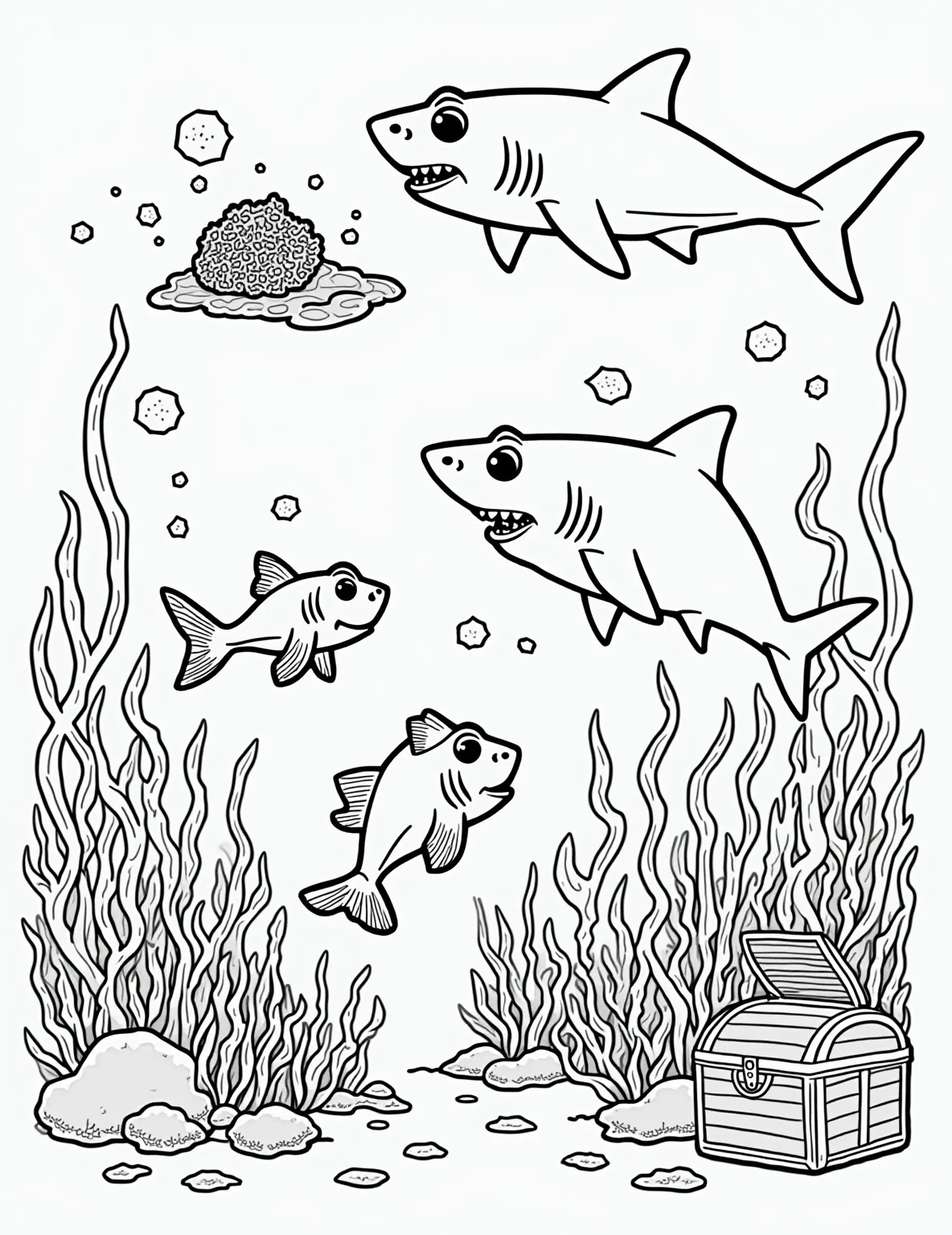 Shark's Toothy Transformation -- prompt: "black lines only Playful coloring page depicting shark life stages: egg case, baby, juvenile, adult. Bold outlines showcase developing teeth, fins, and body shapes. Cheerful underwater scenes with coral, seaweed, and fish friends. Simple patterns for easy coloring. Educational yet fun marine biology adventure. flat black lines, premium coloring page, coloring sheet, line drawing, Coloring Book, NO COLOR, NO SHADING, WHITE BACKGROUND. NO GRAY, BLACK AND WHITE, NO COLOR" -- Watch a shark grow up with this educational life cycle coloring page. It showcases the stages of a shark's life from egg case to adult, with a focus on how its teeth develop and change. This page is ideal for budding marine biologists and those interested in shark development.