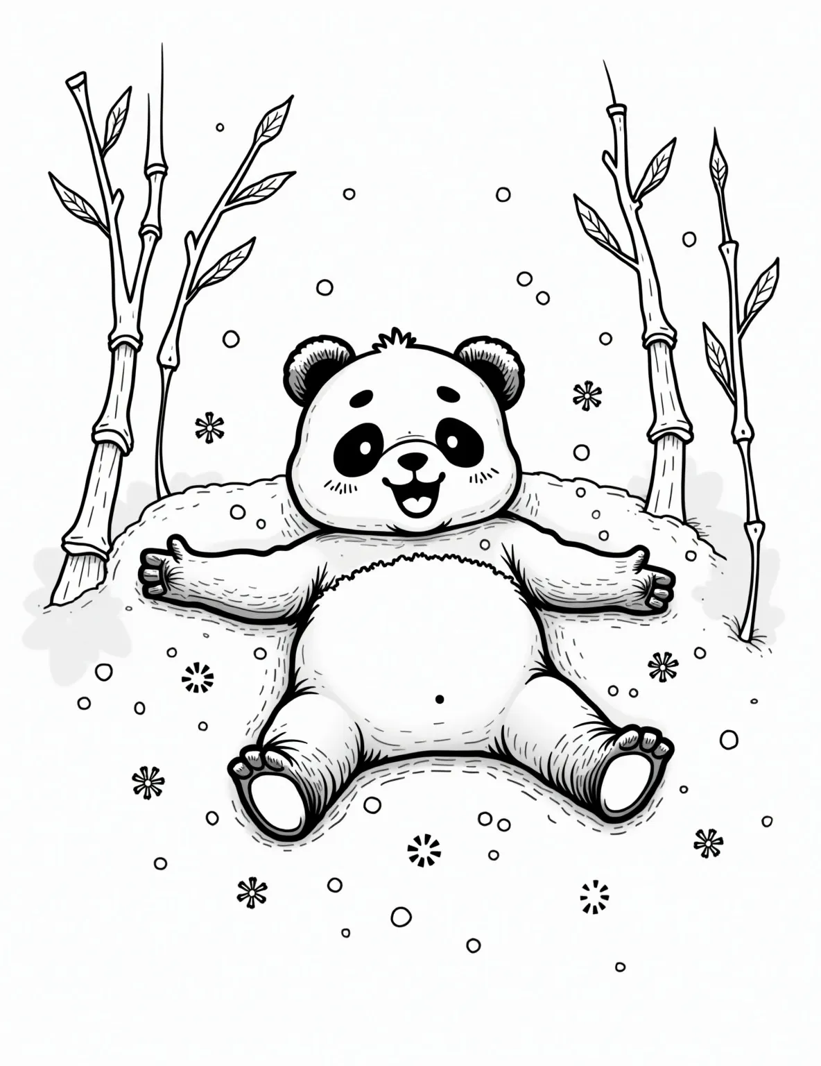 Panda's Winter Wonderland Coloring Page -- prompt: "black lines only Playful panda bear creating snow angel, outlined in bold black strokes. Bamboo stalks adorned with crystalline icicles frame the scene. Chunky snowflakes drift down. Simple, clean lines perfect for coloring. Joyful winter wonderland atmosphere in minimalist design. Cute, engaging illustration for all ages. flat black lines, premium coloring page, coloring sheet, line drawing, Coloring Book, NO COLOR, NO SHADING, WHITE BACKGROUND. NO GRAY, BLACK AND WHITE, NO COLOR" -- Chill out with this wintry coloring page of a panda enjoying a snowy day. The scene shows a panda making a snow angel, surrounded by snowflakes and icicle-covered bamboo. This page is perfect for creating a cool, frosty color scheme and adding sparkle to the snowy elements.