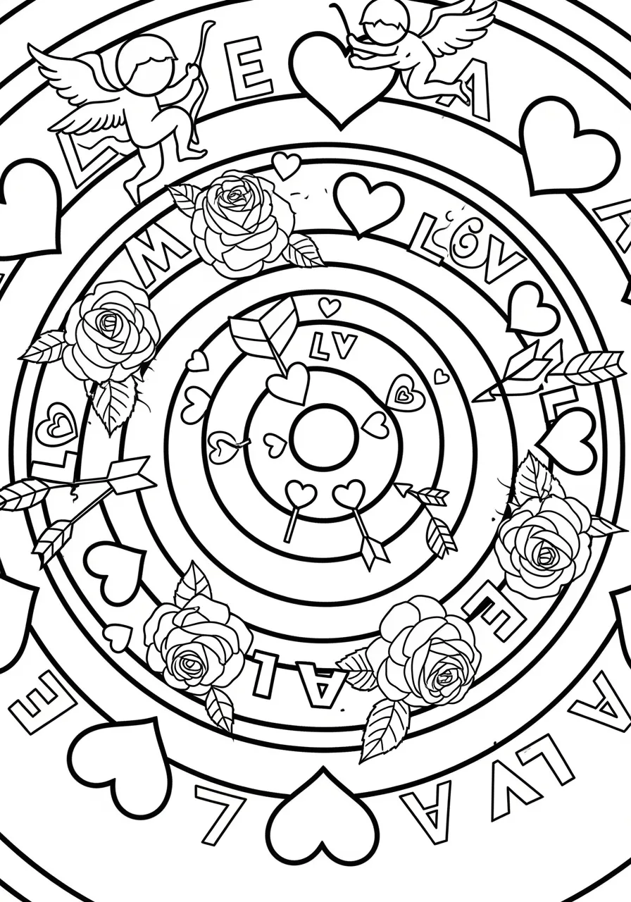 Intricate Valentine Mandala Coloring Page -- prompt: "black lines only Fun coloring book mandala featuring bold outlined hearts, blooming roses, cupid arrows, and love letters arranged in concentric circles, thick black lines, white background, playful Valentine's Day themed geometric patterns perfect for crayons flat black lines, premium coloring page, coloring sheet, line drawing, Coloring Book, NO COLOR, NO SHADING, WHITE BACKGROUND. NO GRAY, BLACK AND WHITE, NO COLOR" -- This sophisticated mandala design incorporates traditional Valentine's Day symbols into complex geometric patterns perfect for adult colorists. Hearts, roses, and cupid motifs are woven throughout intricate circular designs that promote relaxation and mindfulness. The detailed patterns provide hours of meditative coloring while celebrating the beauty of love and romance.