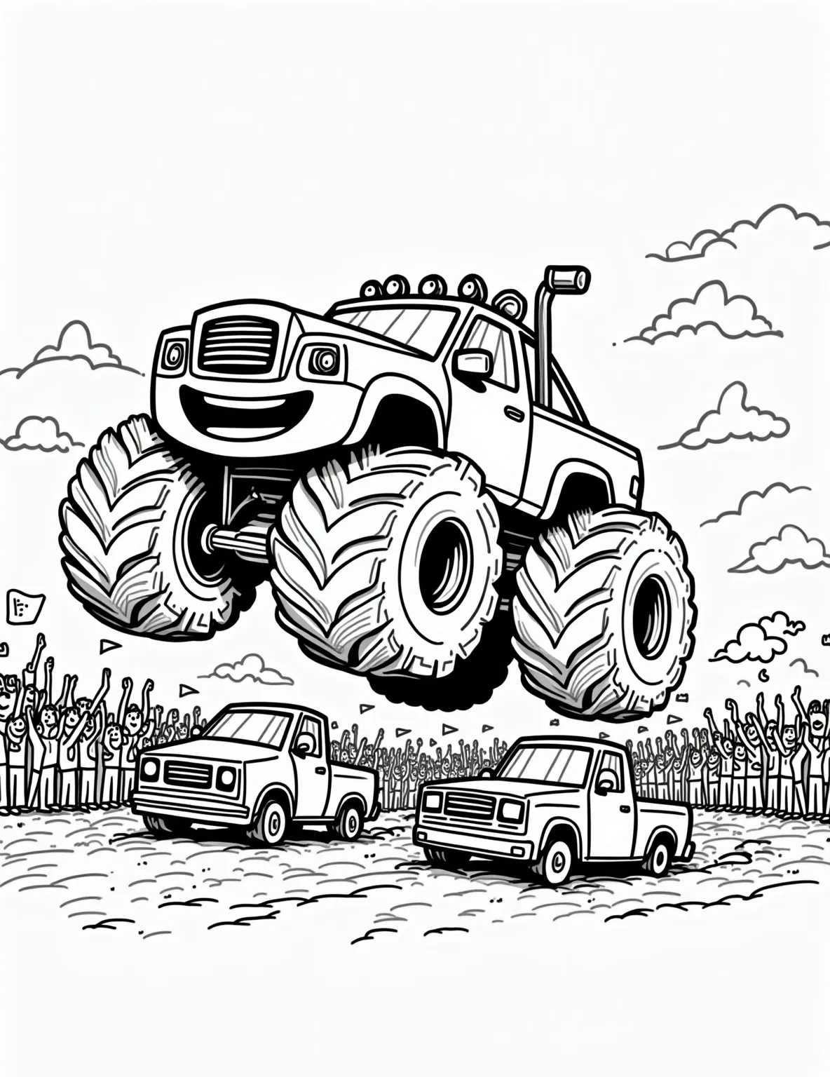 Monster Truck Rally Coloring Page -- prompt: "black lines only Colossal cartoon monster truck with exaggerated tires and grinning grille soars over squashed, accordion-like cars. Stadium filled with wide-eyed stick figure spectators, waving flags. Bold outlines, simple shapes, and empty spaces await vibrant colors. Dust clouds and motion lines emphasize action. flat black lines, premium coloring page, coloring sheet, line drawing, Coloring Book, NO COLOR, NO SHADING, WHITE BACKGROUND. NO GRAY, BLACK AND WHITE, NO COLOR" -- Rev up your engines with this thrilling monster truck rally coloring page! It features a giant monster truck crushing smaller cars in a stadium filled with cheering fans. This action-packed page is ideal for boys who love big vehicles and exciting automotive events.