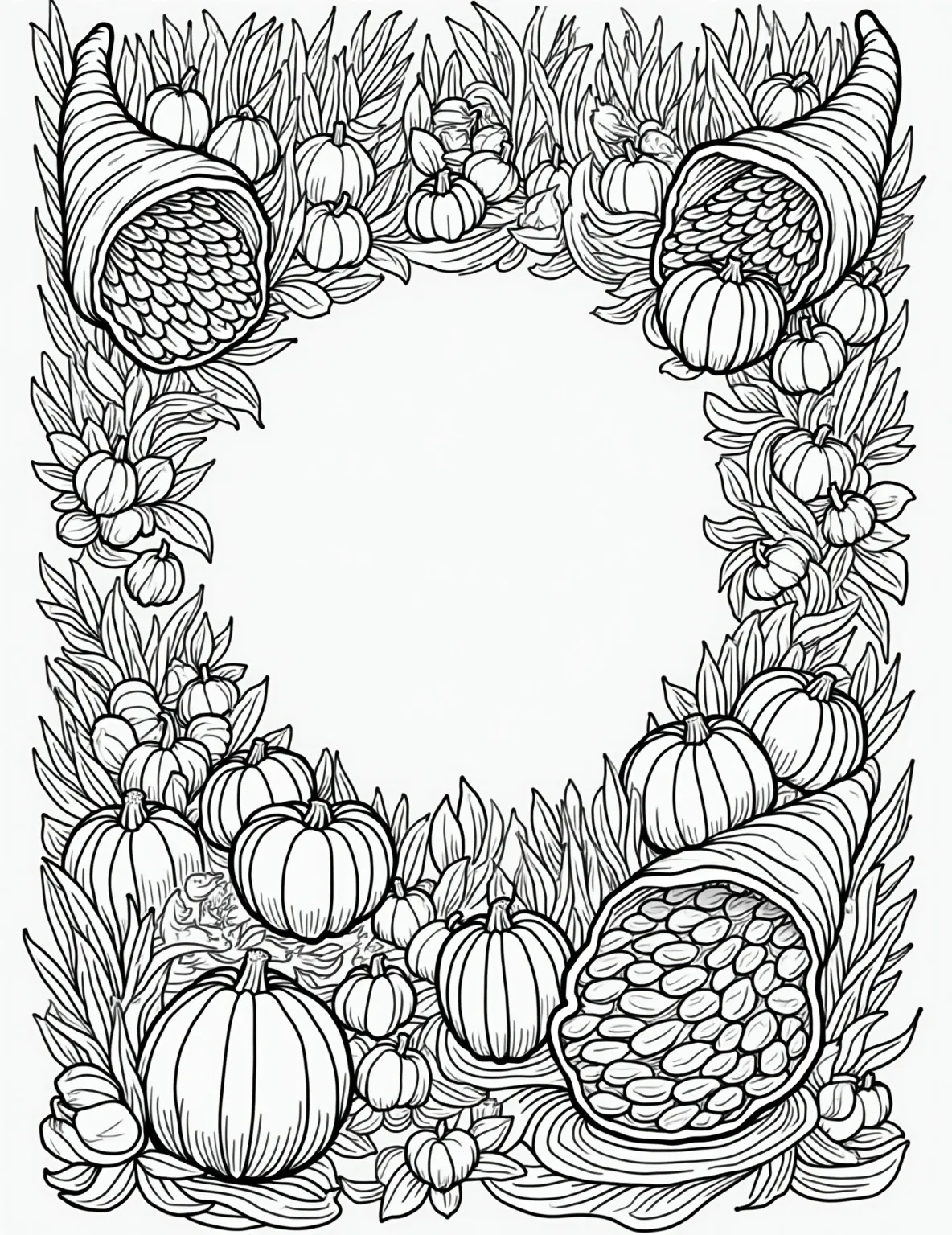 Thanksgiving Around the World Coloring Page -- prompt: "black lines only Playful line-art mosaic featuring global harvest celebrations. Cornucopias, pumpkins, rice sheaves, and diverse cultural symbols intertwine. Bold outlines showcase feasts, dances, and rituals. Empty spaces invite coloring creativity. Central mandala unites worldwide gratitude themes. Joyful, educational coloring page design. flat black lines, premium coloring page, coloring sheet, line drawing, Coloring Book, NO COLOR, NO SHADING, WHITE BACKGROUND. NO GRAY, BLACK AND WHITE, NO COLOR" -- Explore how different cultures celebrate harvest festivals with this diverse coloring page. The illustration features vignettes of thanksgiving celebrations from various countries around the globe. This page is an excellent opportunity to discuss cultural diversity and global harvest traditions.