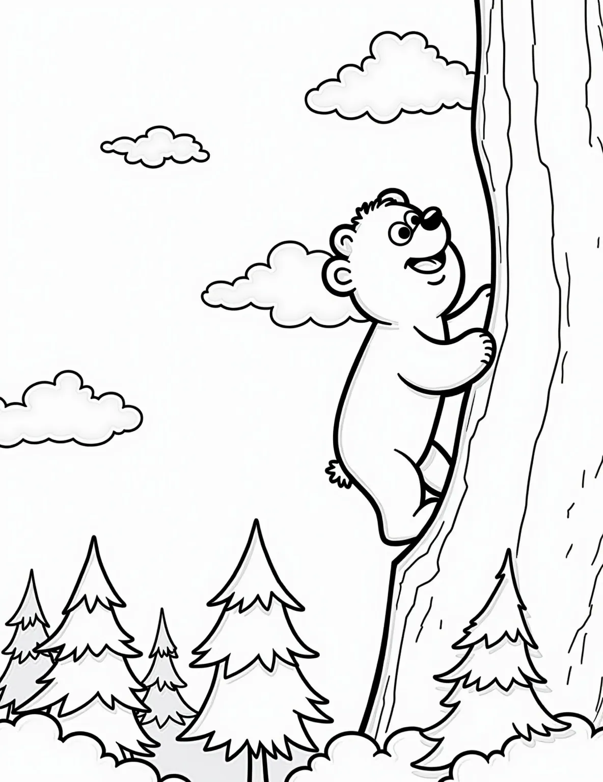 Brave Bear's Mountain Climb -- prompt: "black lines only Adorable cartoon bear with round ears scaling jagged cliff face. Simplified line art of pine trees, fluffy clouds, and distant mountains frame the valley below. Bold outlines perfect for coloring. Cheerful expression on bear's face as it reaches for summit. flat black lines, premium coloring page, coloring sheet, line drawing, Coloring Book, NO COLOR, NO SHADING, WHITE BACKGROUND. NO GRAY, BLACK AND WHITE, NO COLOR" -- Join a courageous bear on a thrilling mountain climbing adventure in this inspiring coloring page. The bear is shown scaling a steep cliff face, determination etched on its face, with a breathtaking view of a vast wilderness below. This scene encourages discussions about bravery, perseverance, and the beauty of nature.