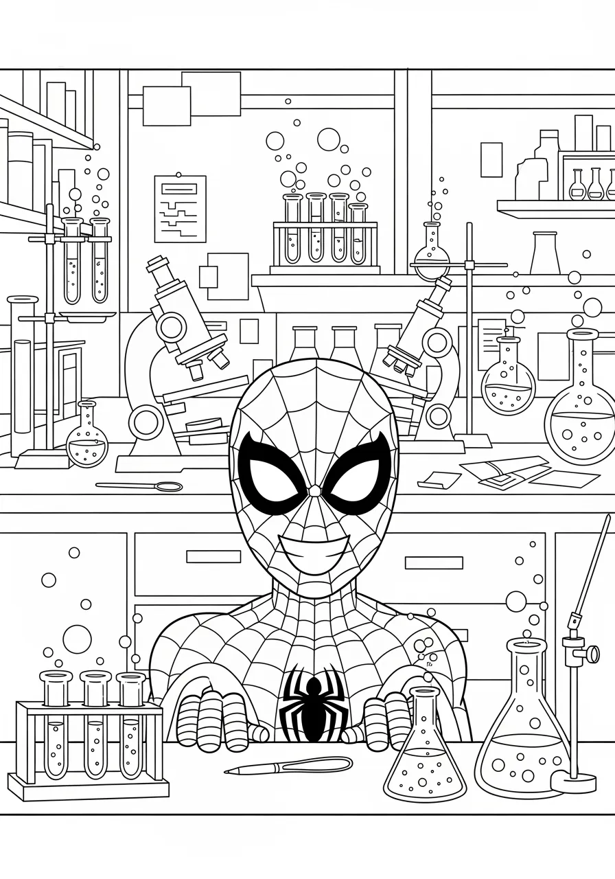 Spiderman Laboratory Science Coloring Page -- prompt: "black lines only Spider-Man Peter Parker in his cheerful science laboratory, surrounded by bubbling beakers, test tubes, and microscopes, bold black outlines, simple shapes perfect for coloring, friendly cartoon style with clear defined spaces flat black lines, premium coloring page, coloring sheet, line drawing, Coloring Book, NO COLOR, NO SHADING, WHITE BACKGROUND. NO GRAY, BLACK AND WHITE, NO COLOR" -- This educational coloring page celebrates Peter Parker's scientific genius, showing him working diligently in his laboratory surrounded by fascinating equipment and experiments. The detailed lab setting provides wonderful opportunities for creative coloring while subtly promoting STEM learning. It's perfect for children who are curious about science and enjoy learning about their favorite superhero's intellectual side.