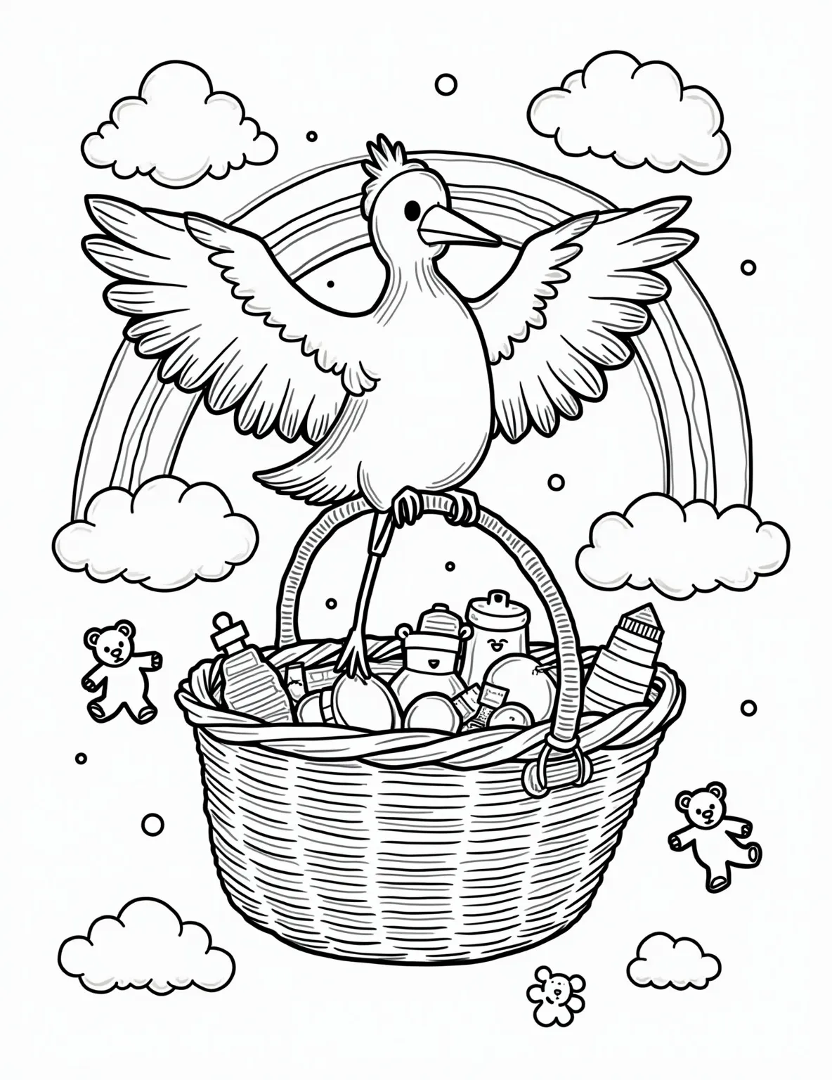 Baby Shower Gift Basket -- prompt: "black lines only Charming line-art stork delivers oversized wicker basket brimming with baby essentials. Plump bow adorns handle. Background features fluffy clouds, rainbows, and floating rattles. Bold outlines perfect for coloring. Joyful scene celebrates new life with whimsical touches. flat black lines, premium coloring page, coloring sheet, line drawing, Coloring Book, NO COLOR, NO SHADING, WHITE BACKGROUND. NO GRAY, BLACK AND WHITE, NO COLOR" -- This sweet coloring page features a wicker basket filled with baby shower gifts. Soft toys, baby clothes, and rattles peek out from the basket, which is tied with a large pastel bow. A stork carrying a bundle flies in the background, adding a classic touch to the scene.