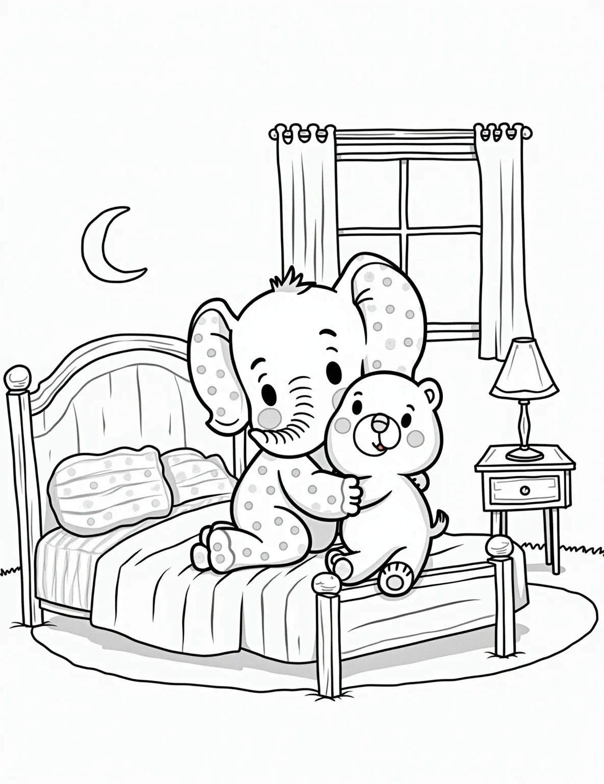 Sleepy Elephant Pajama Party Coloring Page -- prompt: "black lines only Playful line art elephant in polka-dot pajamas, clutching oversized teddy bear. Beside simple wooden bed with striped sheets, nightstand with curvy lamp. Large, round eyes and floppy ears. Bold outlines, clean spaces for coloring. Cozy bedroom scene with moon peeking through window. flat black lines, premium coloring page, coloring sheet, line drawing, Coloring Book, NO COLOR, NO SHADING, WHITE BACKGROUND. NO GRAY, BLACK AND WHITE, NO COLOR" -- Get cozy with this adorable sleepy elephant coloring page. The elephant is wearing cute pajamas and holding a teddy bear, ready for bedtime. This sweet scene is perfect for winding down and relaxing with some gentle coloring.