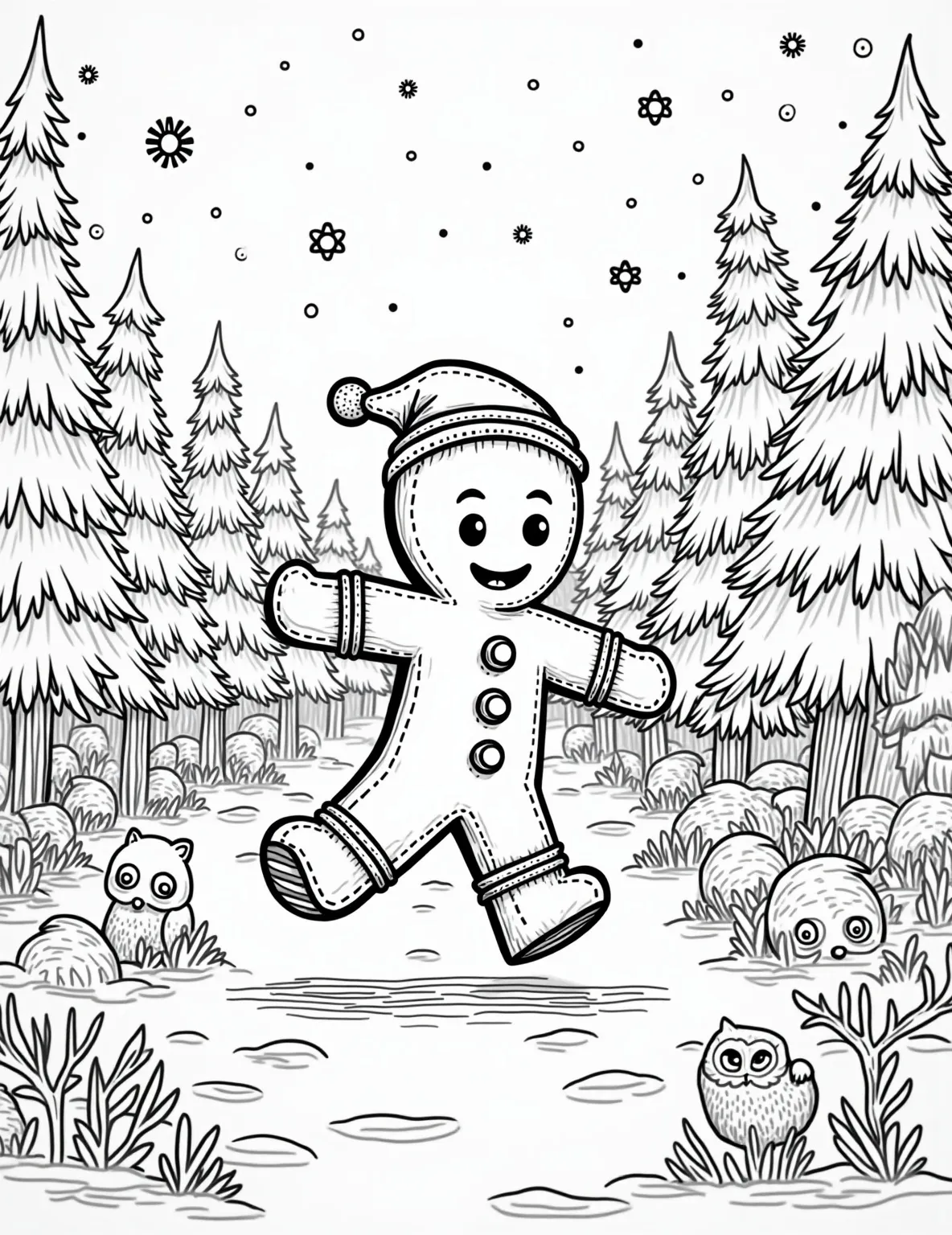 Gingerbread Man's Winter Wonderland Coloring Page -- prompt: "black lines only Cheerful gingerbread man with candy buttons strolls through snowy forest. Thick-lined pine trees, fluffy snowflakes, and wide-eyed woodland creatures surround him. Simple shapes and bold outlines perfect for coloring. Playful scene captures winter wonder in easy-to-color style. flat black lines, premium coloring page, coloring sheet, line drawing, Coloring Book, NO COLOR, NO SHADING, WHITE BACKGROUND. NO GRAY, BLACK AND WHITE, NO COLOR" -- This magical coloring page features a gingerbread man exploring a snowy landscape. He's surrounded by snowflakes, pine trees, and friendly winter animals. This page offers a delightful blend of holiday and winter themes, perfect for seasonal coloring fun.