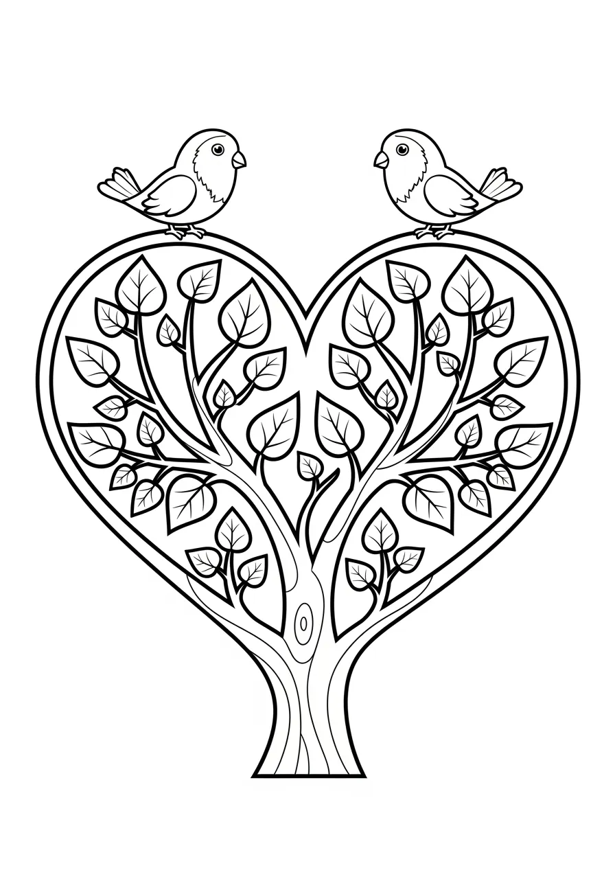 Heart-Shaped Tree Coloring Page -- prompt: "black lines only Heart-shaped tree coloring page with thick black outlines, symmetrical branching pattern, large decorative leaves ready for coloring, two cheerful lovebirds perched on upper branches, simple clean line art perfect for children, white background, bold contours throughout flat black lines, premium coloring page, coloring sheet, line drawing, Coloring Book, NO COLOR, NO SHADING, WHITE BACKGROUND. NO GRAY, BLACK AND WHITE, NO COLOR" -- A magnificent tree grows in the perfect shape of a heart, its branches forming romantic curves against the sky. Detailed leaves and small heart-shaped fruits hang from every branch, while love birds nest in the heart's center. This nature-inspired design symbolizes growing love and makes a beautiful metaphorical coloring page.