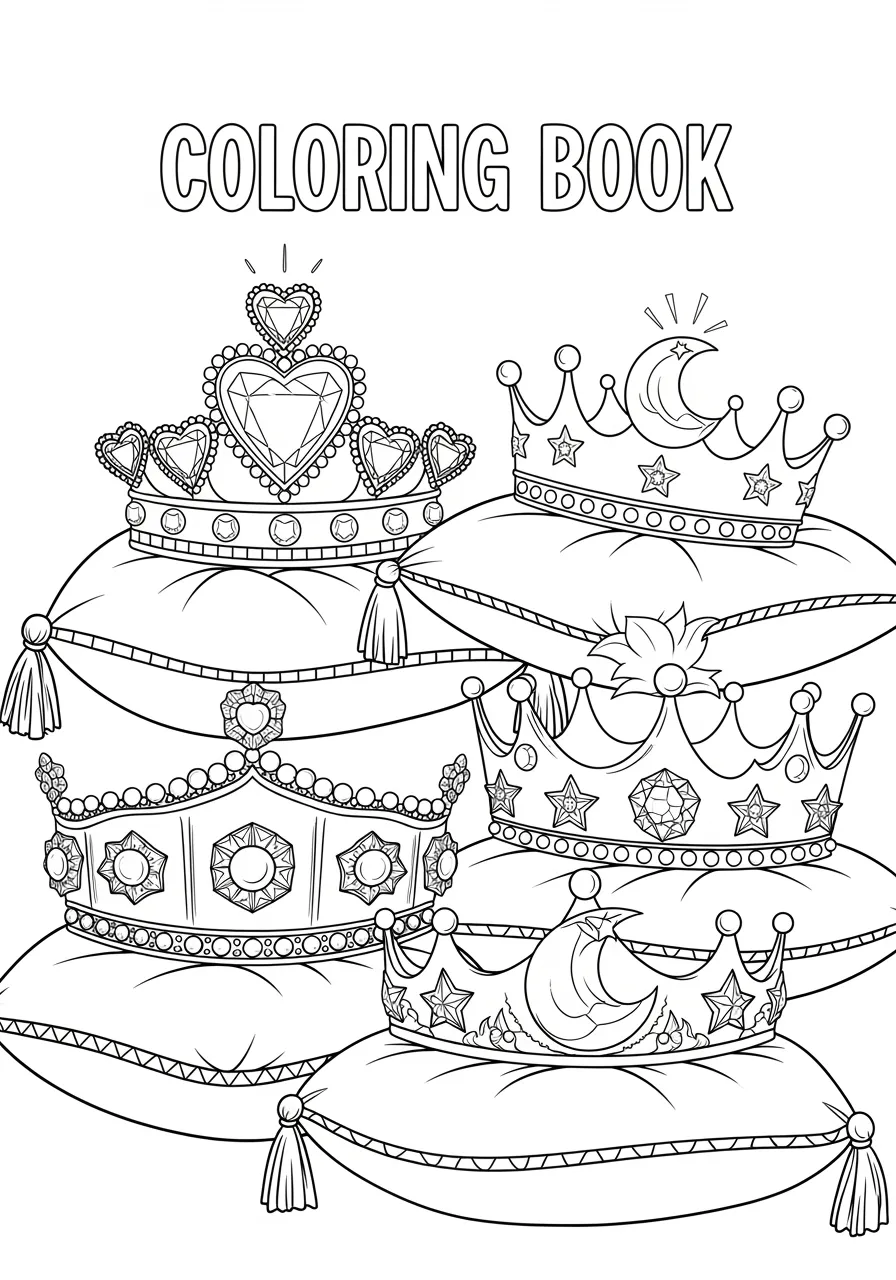 Princess Crown Collection Coloring Page -- prompt: "black lines only Fun coloring book style page featuring magical princess crowns and sparkling tiaras with bold black outlines, scattered across velvet cushions, showcasing heart-shaped diamonds, star sapphires, crescent moon pearls, creating joyful royal treasury scene flat black lines, premium coloring page, coloring sheet, line drawing, Coloring Book, NO COLOR, NO SHADING, WHITE BACKGROUND. NO GRAY, BLACK AND WHITE, NO COLOR" -- Explore the royal jewelry collection with this delightful page featuring various ornate princess crowns and tiaras. Each crown showcases unique gemstone patterns, intricate metalwork, and decorative flourishes that invite creative color choices. This page is perfect for young artists who love detailed accessories and want to design their own royal headpieces.
