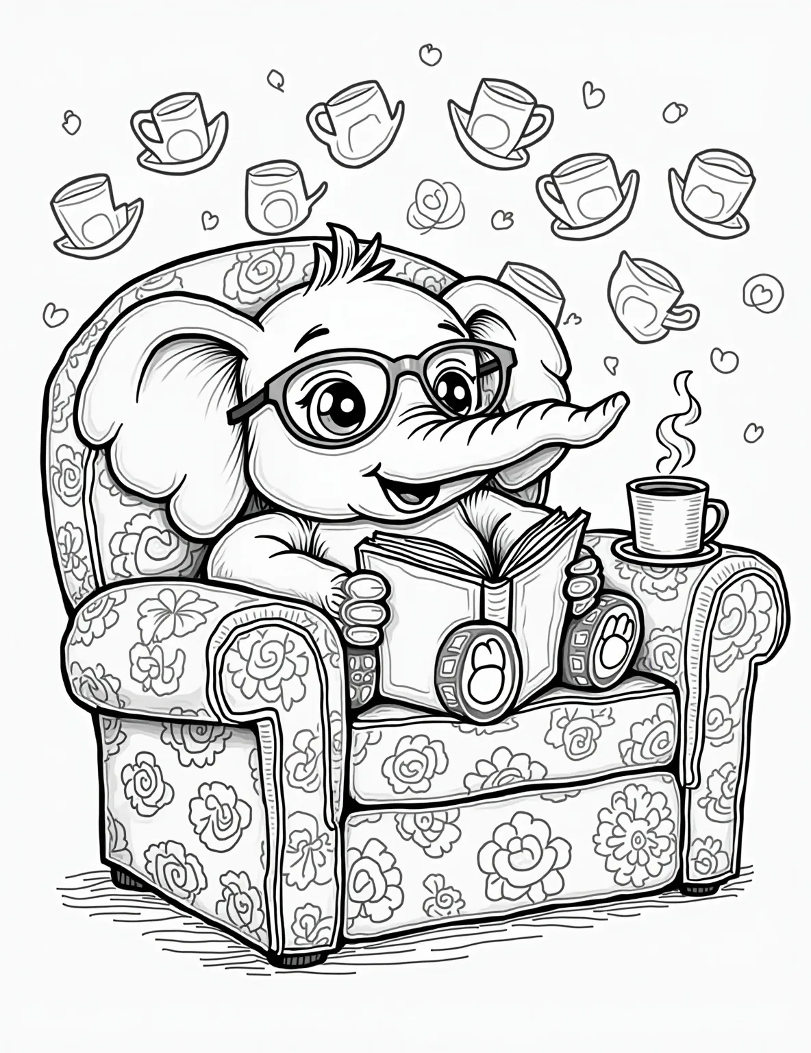 Elephant's Cozy Reading Nook Coloring Page -- prompt: "black lines only Cheerful elephant lounges in oversized armchair, trunk curled around thick storybook. Spectacles perched on wrinkled brow, eyes crinkled with joy. Bold outlines, simple shapes perfect for coloring. Patterned wallpaper backdrop, steaming teacup nearby. Cozy reading nook scene invites creative coloring fun. flat black lines, premium coloring page, coloring sheet, line drawing, Coloring Book, NO COLOR, NO SHADING, WHITE BACKGROUND. NO GRAY, BLACK AND WHITE, NO COLOR" -- Curl up with this heartwarming scene of an elephant enjoying a good book. The page depicts a comfortable elephant nestled in a plush armchair, wearing reading glasses and holding an open book with its trunk. This charming design is perfect for book lovers of all ages and celebrates the joy of reading.