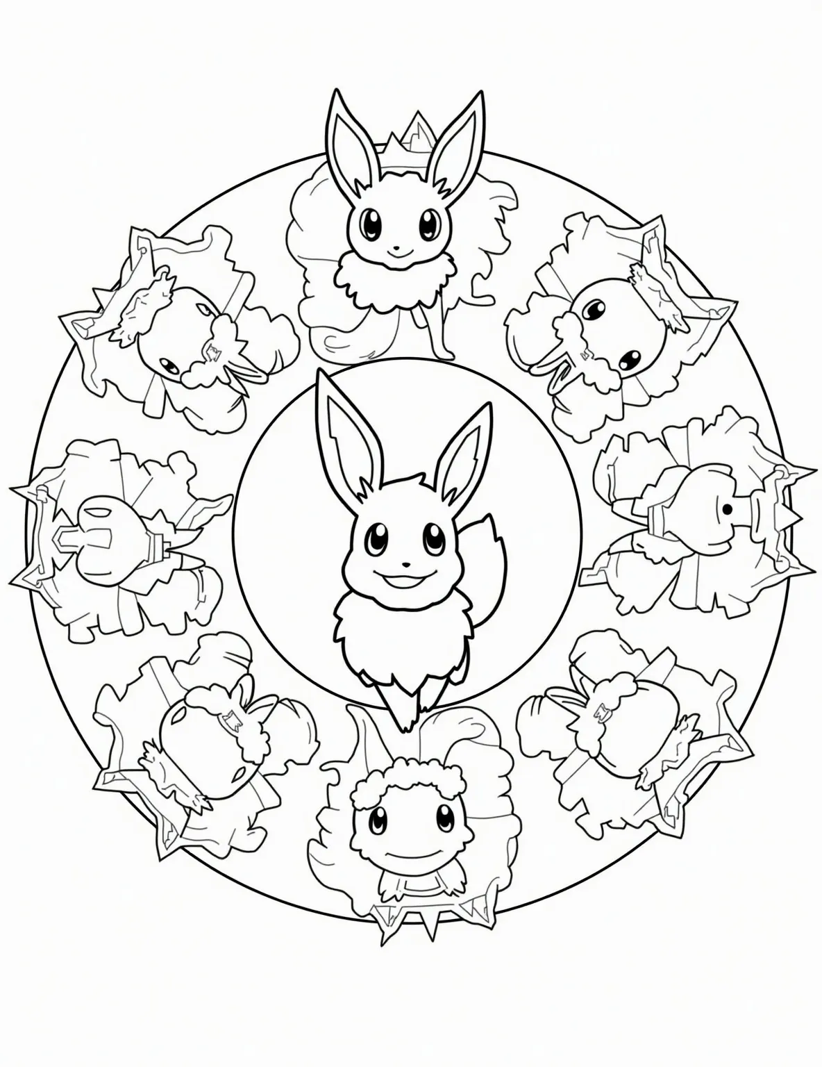 Eevee's Evolution Party Coloring Page -- prompt: "black lines only Playful Eevee centered in a circular mandala, surrounded by eight evolution silhouettes. Bold outlines define each Pokémon's unique shape. Signature moves represented by simple, iconic symbols. Empty spaces invite coloring. Joyful, energetic scene perfect for Pokémon fans to bring to life with vibrant hues. flat black lines, premium coloring page, coloring sheet, line drawing, Coloring Book, NO COLOR, NO SHADING, WHITE BACKGROUND. NO GRAY, BLACK AND WHITE, NO COLOR" -- Join Eevee and all its evolutions in this delightful celebration coloring page! The lovable Eevee is surrounded by Vaporeon, Jolteon, Flareon, and all its other evolved forms, each showing off their unique abilities. This page offers a wonderful opportunity to explore a variety of Pokemon designs and colors.