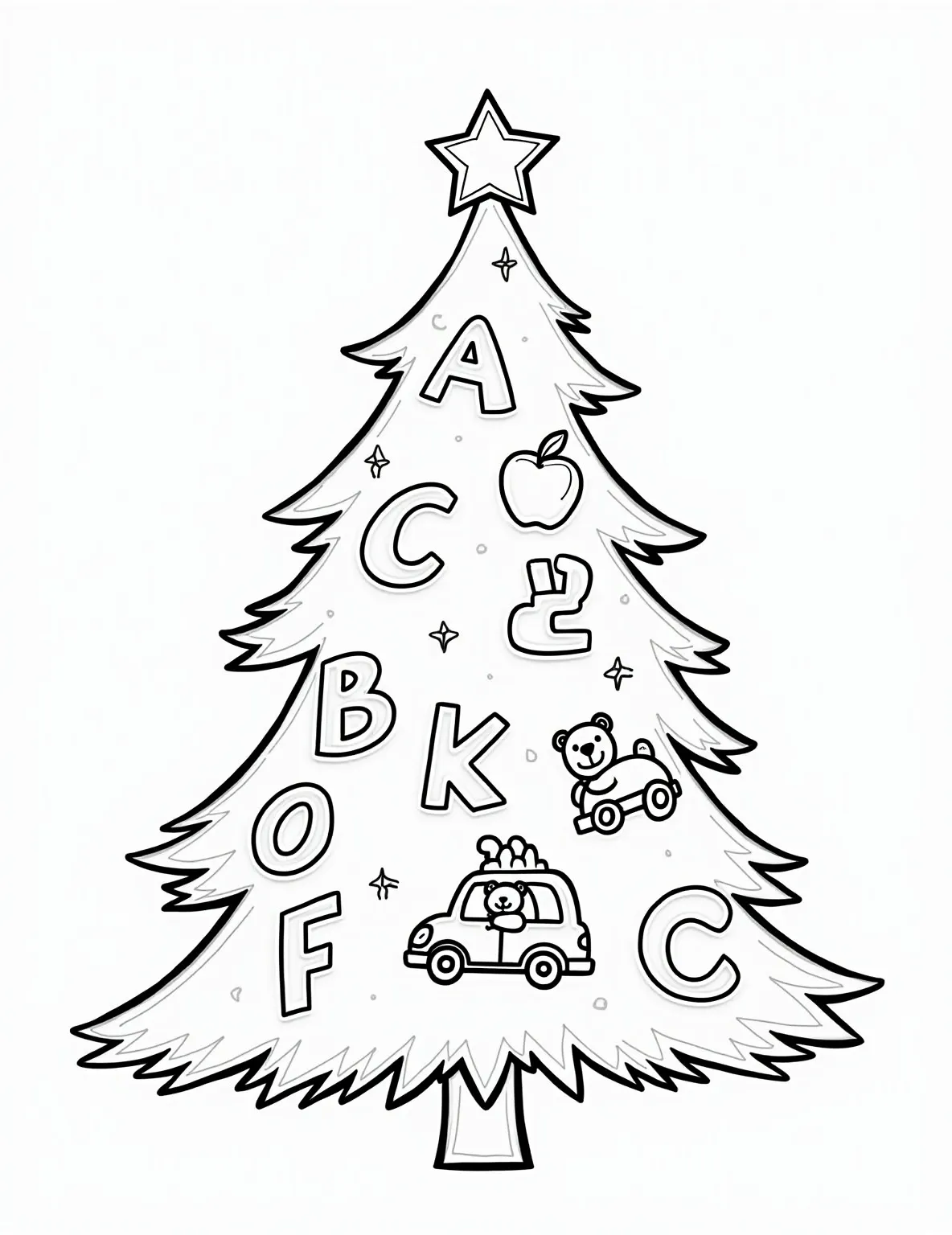 Alphabet Christmas Tree -- prompt: "black lines only Festive Christmas tree outline with bold, chunky branches. Each branch cradles an oversized letter and matching object. A for apple, B for bear, C for car. Simple, clean lines perfect for coloring. Star-topped tree radiates joy. Playful alphabet adventure awaits young learners. flat black lines, premium coloring page, coloring sheet, line drawing, Coloring Book, NO COLOR, NO SHADING, WHITE BACKGROUND. NO GRAY, BLACK AND WHITE, NO COLOR" -- Learn while you color with this educational alphabet Christmas tree coloring page. Each branch of the tree holds letters of the alphabet, accompanied by small illustrations of objects starting with that letter. It's a festive way to practice ABCs while enjoying holiday coloring fun.