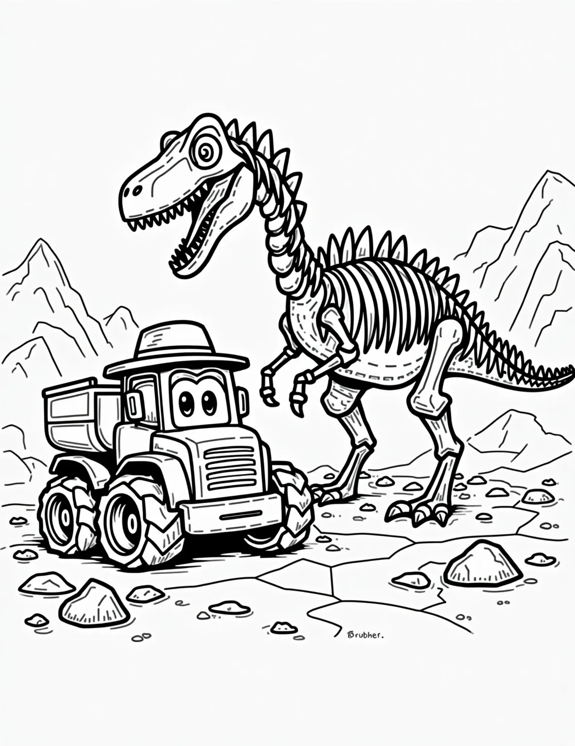 Rubble's Dinosaur Dig Discovery -- prompt: "black lines only Rubble's cheerful excavator scoops earth, revealing a colossal dinosaur skeleton. Rocky terrain surrounds the dig site. Bold outlines define each element: Rubble's hat, excavator's treads, dinosaur's ribs. Dotted patterns and simple shapes create a playful, engaging coloring book page for young paleontologists. flat black lines, premium coloring page, coloring sheet, line drawing, Coloring Book, NO COLOR, NO SHADING, WHITE BACKGROUND. NO GRAY, BLACK AND WHITE, NO COLOR" -- Join Rubble on an exciting paleontological adventure! This coloring page features Rubble operating his trusty excavator to unearth a massive dinosaur skeleton. Children will be thrilled to color in the ancient bones and Rubble's determined expression as he makes this incredible discovery.