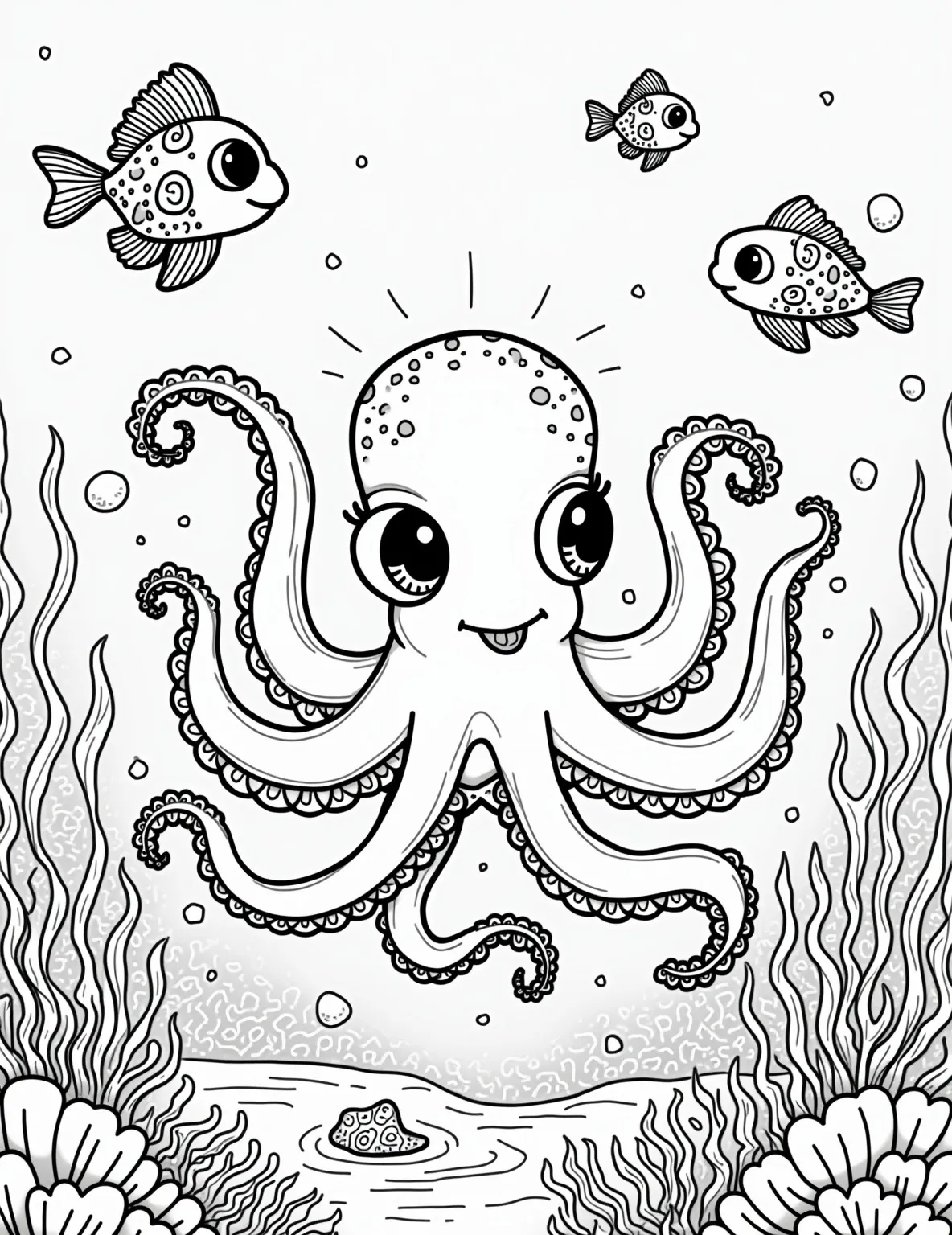 Underwater Octopus Garden Coloring Page -- prompt: "black lines only A playful octopus, its curvy tentacles spread wide, swims through a vibrant underwater world. Thick, bold outlines define coral shapes, fish silhouettes, and wavy seaweed. Simple geometric patterns fill empty spaces, creating a delightful coloring book page for all ages. flat black lines, premium coloring page, coloring sheet, line drawing, Coloring Book, NO COLOR, NO SHADING, WHITE BACKGROUND. NO GRAY, BLACK AND WHITE, NO COLOR" -- Dive into an oceanic fantasy with this mesmerizing octopus coloring page. The intelligent cephalopod surrounded by coral and sea plants offers a glimpse into the mysterious underwater world. Perfect for ocean enthusiasts and those who enjoy intricate designs.