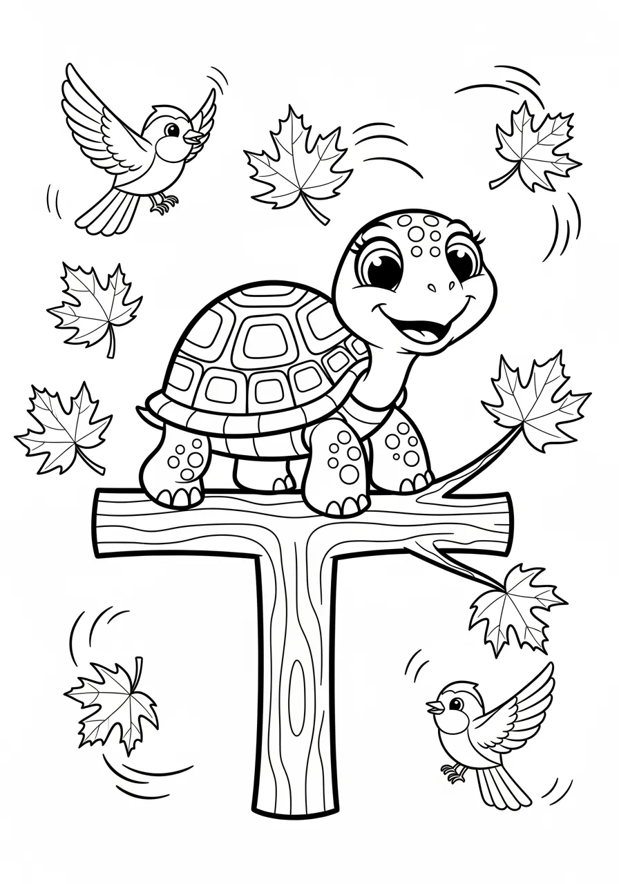 Towering Turtle's Tree-Top Adventure Coloring Page -- prompt: "black lines only Cheerful cartoon turtle with expressive eyes carefully balancing on thick T-shaped tree branch, surrounded by bold-outlined maple leaves, chirping songbirds perched nearby, thick black outlines, simple shapes perfect for children's coloring, joyful woodland scene with clear defined spaces flat black lines, premium coloring page, coloring sheet, line drawing, Coloring Book, NO COLOR, NO SHADING, WHITE BACKGROUND. NO GRAY, BLACK AND WHITE, NO COLOR" -- Reach new heights with this unique 'T' coloring page featuring an adventurous turtle! The turtle balances on a tree branch that forms a perfect letter T, showing that slow and steady can still be exciting. This inspiring scene teaches perseverance along with letter recognition, appealing to kids who love underdog stories.