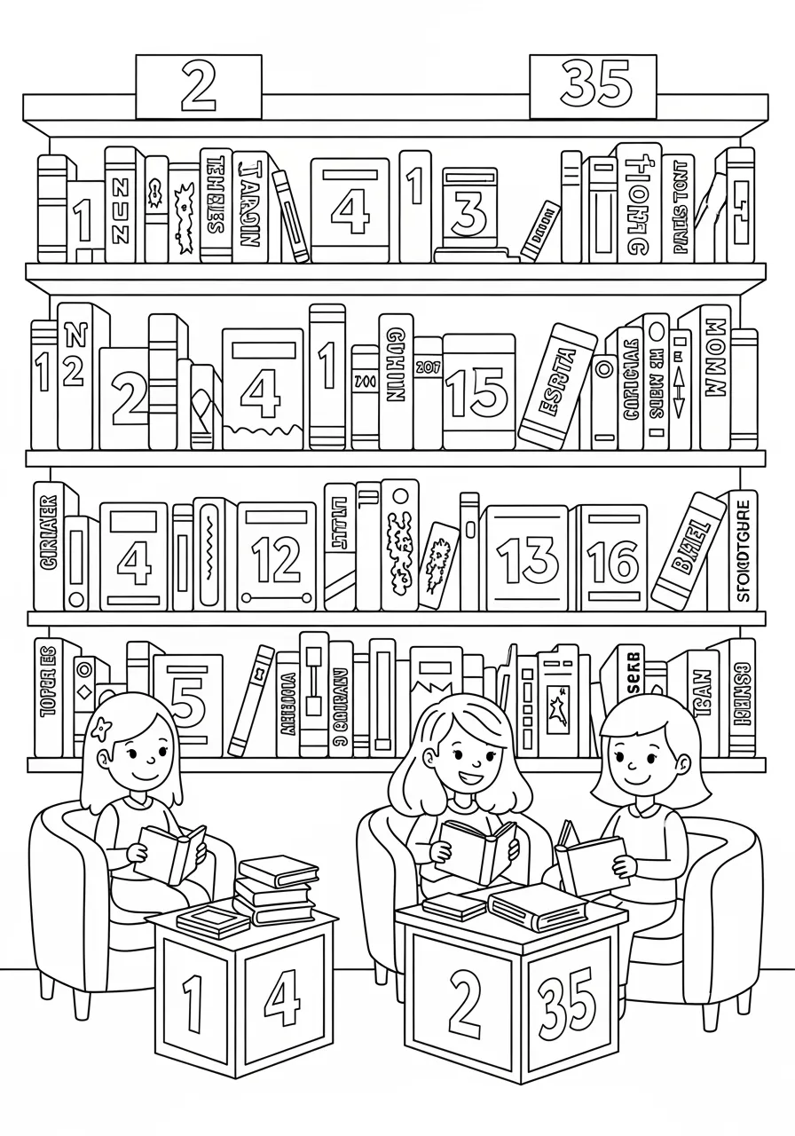 Number Bookstore Adventure Coloring Page -- prompt: "black lines only Fun coloring book page featuring a cheerful bookstore with bold numbered shelves 1-35, cartoon books displaying large numerical titles, smiling customers sitting in cozy numbered reading nooks, thick black outlines, simple shapes perfect for crayons flat black lines, premium coloring page, coloring sheet, line drawing, Coloring Book, NO COLOR, NO SHADING, WHITE BACKGROUND. NO GRAY, BLACK AND WHITE, NO COLOR" -- Explore a cozy bookstore where shelves are organized by numbers 1 to 35, and curious readers discover books with numerical titles. A friendly librarian helps customers find numbered reading nooks throughout the store. This literary scene celebrates both the love of reading and the importance of numbers in organizing knowledge.