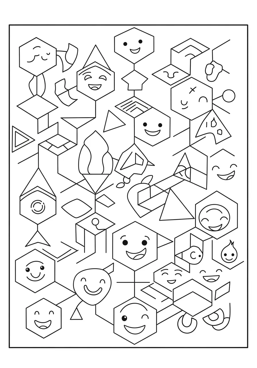 Tessellation Tile Masterpiece Coloring Page -- prompt: "black lines only Playful tessellation coloring page featuring cheerful interlocking hexagons, triangles, and parallelograms creating a joyful puzzle-like pattern. Bold black outlines define each geometric shape, seamlessly connecting across the page in an engaging, kid-friendly design perfect for creative coloring adventures. flat black lines, premium coloring page, coloring sheet, line drawing, Coloring Book, NO COLOR, NO SHADING, WHITE BACKGROUND. NO GRAY, BLACK AND WHITE, NO COLOR" -- Explore the mathematical beauty of tessellation with this mesmerizing tile pattern. The design features interlocking geometric shapes that fit together perfectly without gaps or overlaps. This sophisticated pattern challenges adult colorists to create stunning color combinations while appreciating the precision of mathematical art.