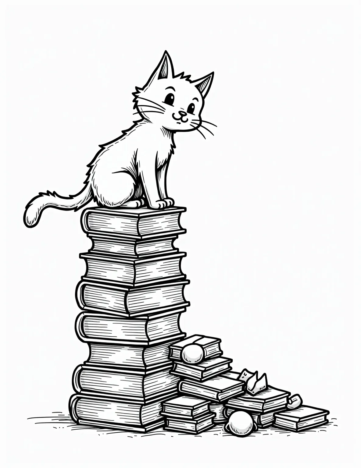 Cat in a Bookshelf Adventure Coloring Page -- prompt: "black lines only Playful line art of mischievous feline balancing on overstuffed bookshelf. Paw extends towards tilting tome, causing cascade of objects. Simple, bold outlines perfect for coloring. Charming scene captures cat's curiosity and bookworm's organized chaos. Whiskers twitch with anticipation. flat black lines, premium coloring page, coloring sheet, line drawing, Coloring Book, NO COLOR, NO SHADING, WHITE BACKGROUND. NO GRAY, BLACK AND WHITE, NO COLOR" -- This whimsical scene depicts a curious cat exploring a packed bookshelf. Surrounded by books, knick-knacks, and perhaps a sneaky mouse, the cat's playful expression adds charm to the page. It's an ideal choice for book lovers and cat enthusiasts alike, offering plenty of details to color.