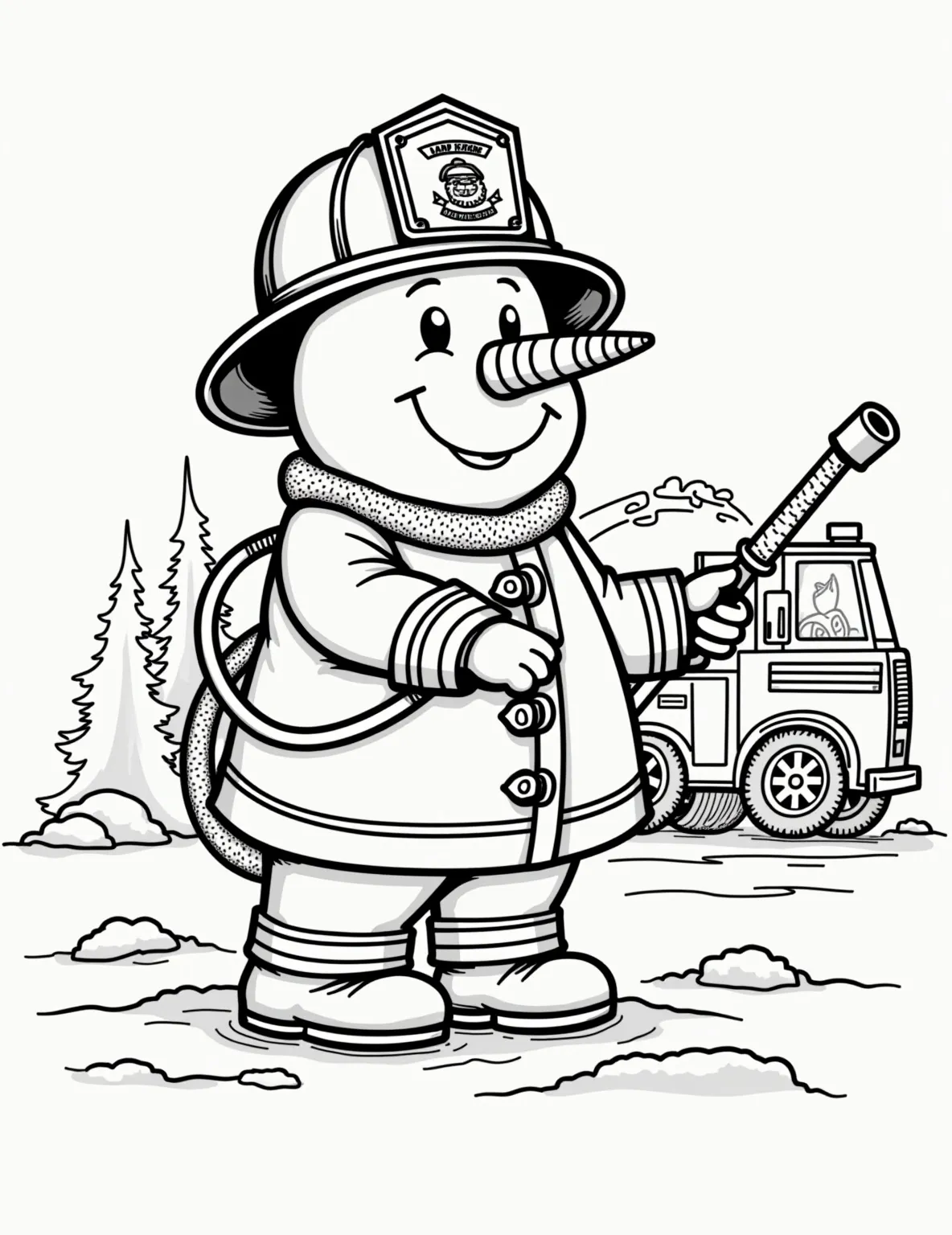 Snowman Firefighter Hero Coloring Page -- prompt: "black lines only Cheerful snowman firefighter with carrot nose and coal buttons. Oversized red helmet, comically large yellow coat. Grasping curvy fire hose, standing beside cartoonish fire truck. Simple, bold outlines. Large, empty spaces for coloring. Playful, child-friendly design. Smiling face, flat black lines, premium coloring page, coloring sheet, line drawing, Coloring Book, NO COLOR, NO SHADING, WHITE BACKGROUND. NO GRAY, BLACK AND WHITE, NO COLOR" -- To the rescue! This brave coloring page features a snowman firefighter saving the day. With a fire hose and helmet, this frosty hero is ready to tackle any emergency, proving that even in winter, heroes come in all shapes and sizes.