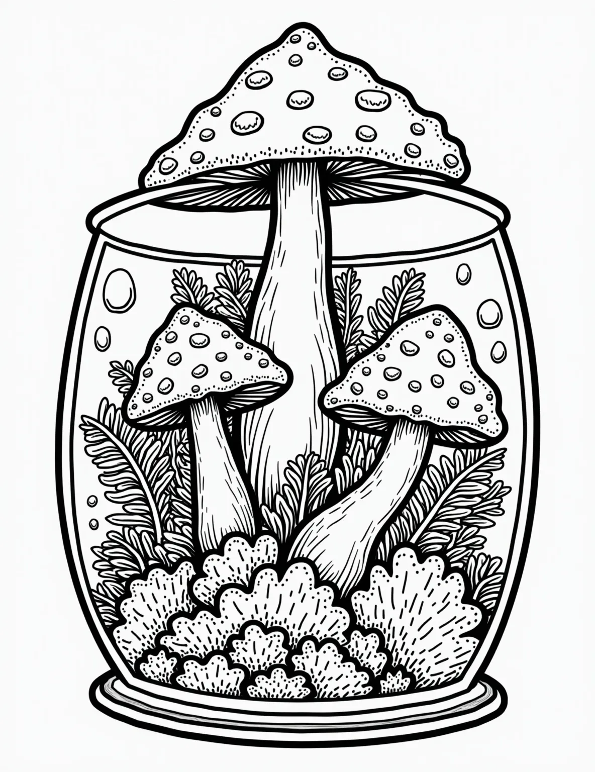 Mushroom Terrarium -- prompt: "black lines only Playful line-art terrarium bursting with chunky mushrooms, curly ferns, and plump moss clumps. Thick outlines define glass walls, while dotted patterns and swirls create textures. Smiling fungi faces peek out, inviting colorists to bring this whimsical miniature world to life. flat black lines, premium coloring page, coloring sheet, line drawing, Coloring Book, NO COLOR, NO SHADING, WHITE BACKGROUND. NO GRAY, BLACK AND WHITE, NO COLOR" -- Bring the outdoors inside with this mushroom terrarium coloring page. A glass container houses a miniature mushroom ecosystem, complete with moss, pebbles, and various fungi species. It's a serene scene that captures the beauty of a contained natural world.