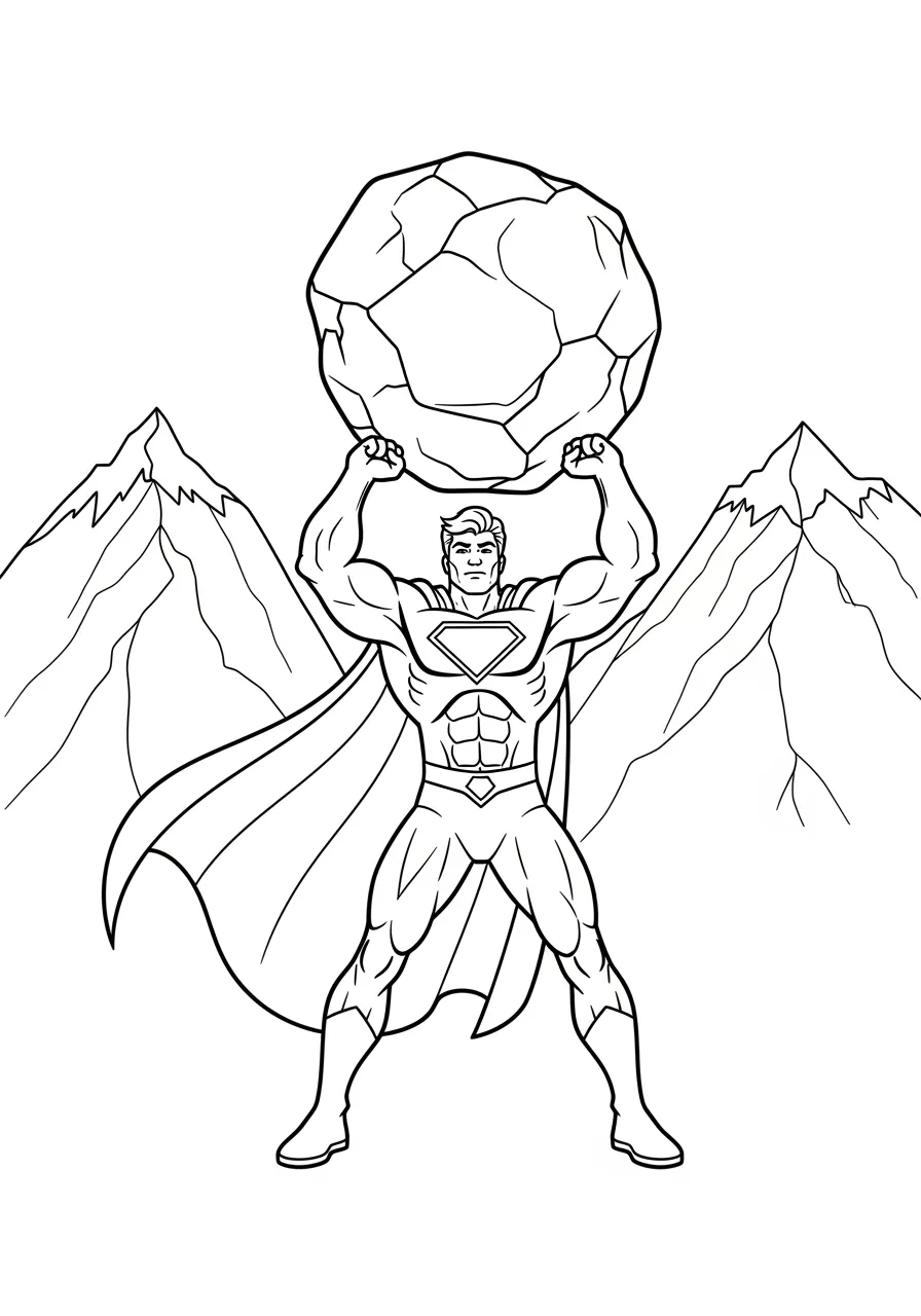 Super Strength Hero Lifting a Giant Boulder Coloring Page -- prompt: "black lines only Muscular superhero with flowing cape stands triumphantly, hoisting massive jagged boulder overhead with both arms. Bold black outlines define heroic pose against mountain backdrop. Simple shapes, thick lines, empty spaces perfect for children's coloring book page illustration style. flat black lines, premium coloring page, coloring sheet, line drawing, Coloring Book, NO COLOR, NO SHADING, WHITE BACKGROUND. NO GRAY, BLACK AND WHITE, NO COLOR" -- This impressive coloring page showcases a muscular superhero demonstrating incredible strength by lifting a massive boulder above their head. The hero's determined expression and powerful stance convey the effort and concentration required for this amazing feat. Rock details and ground cracks add exciting elements for detailed coloring work.